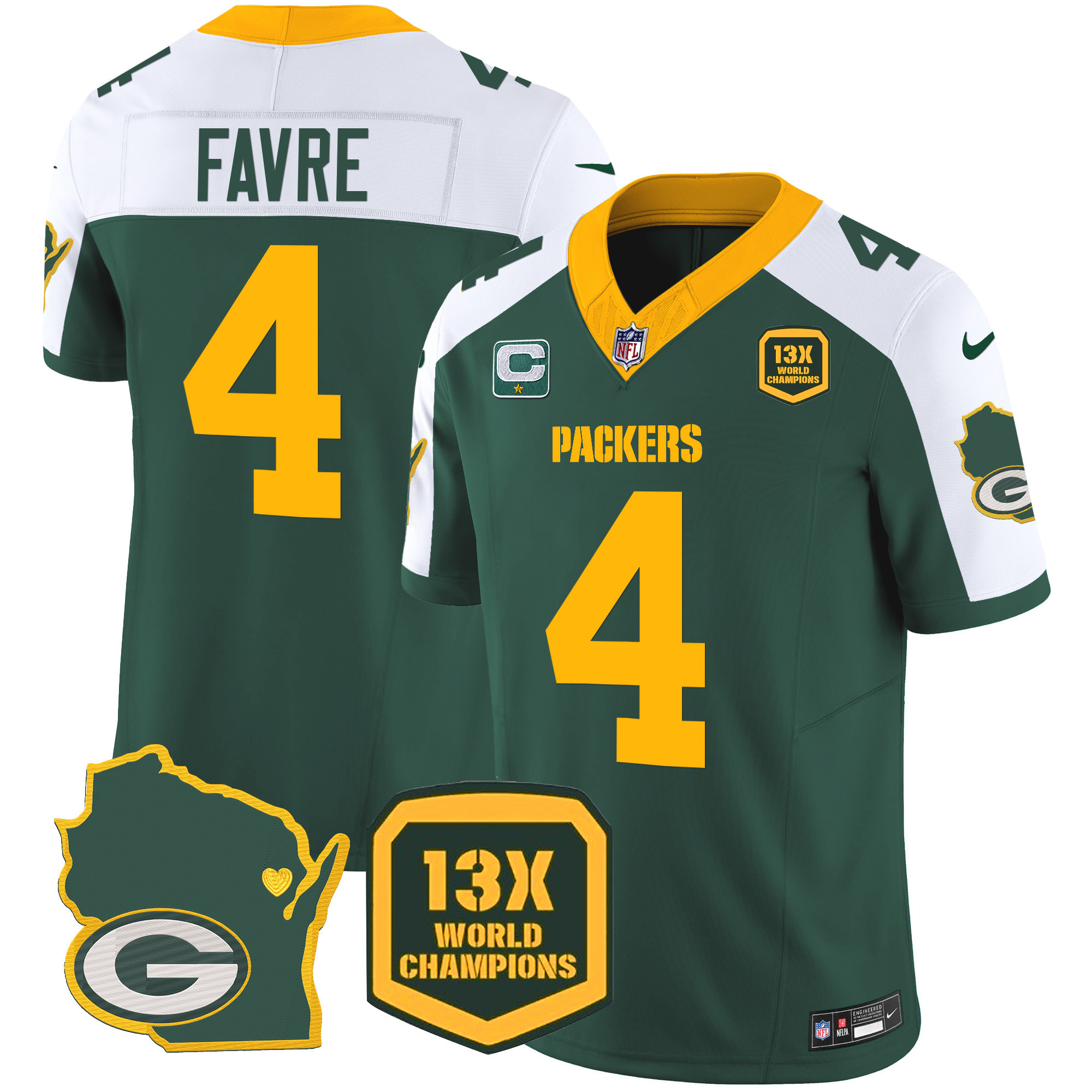 Brett Favre Men's Green Bay Packers 13 Time World Champions & Home Patch Vapor Jersey V2 Ã¯Â¿Â½ All Stitched Alternate Jersey - All Stitched