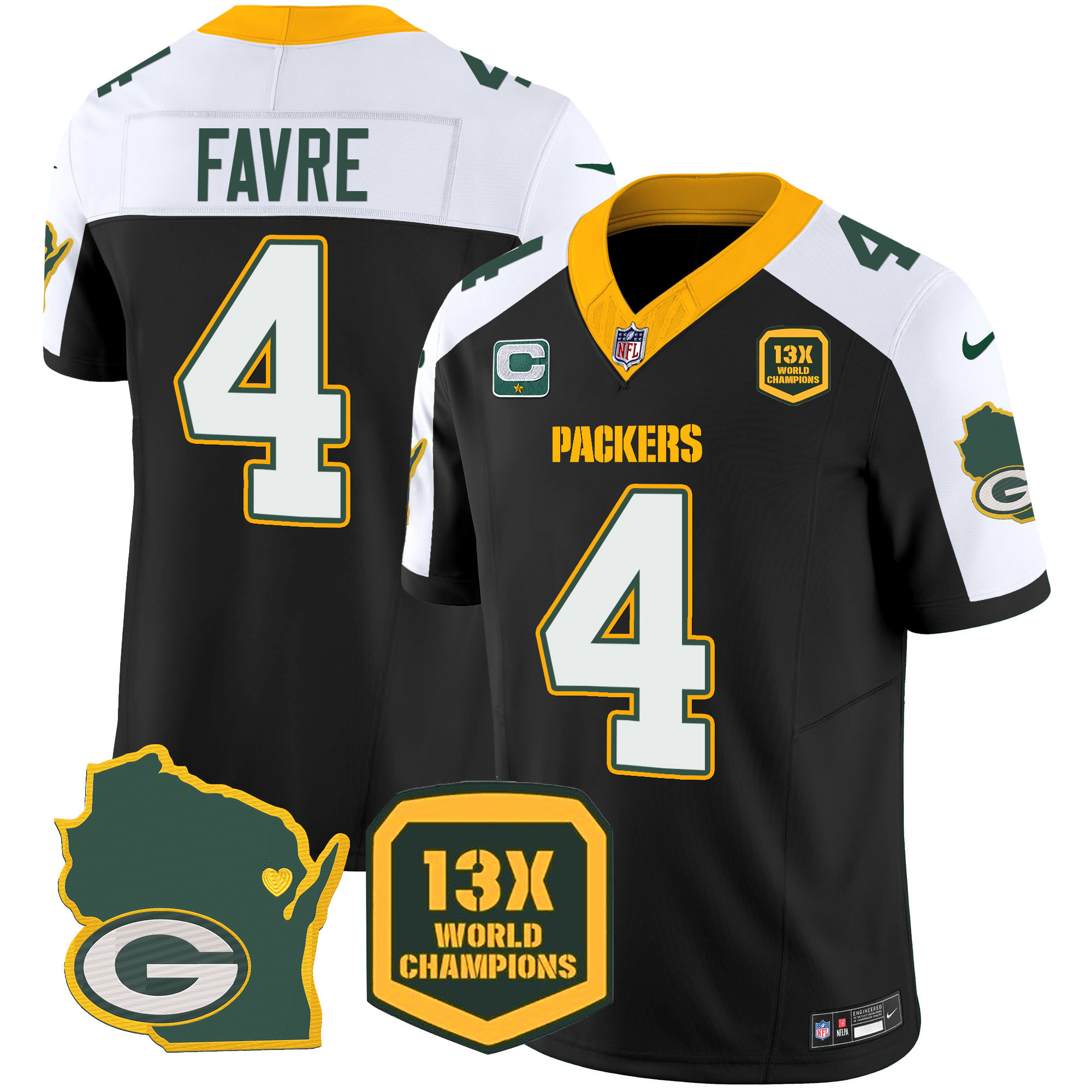 Brett Favre Men's Green Bay Packers 13 Time World Champions & Home Patch Vapor Jersey V2 Ã¯Â¿Â½ All Stitched Black Alternate Jersey - All Stitched