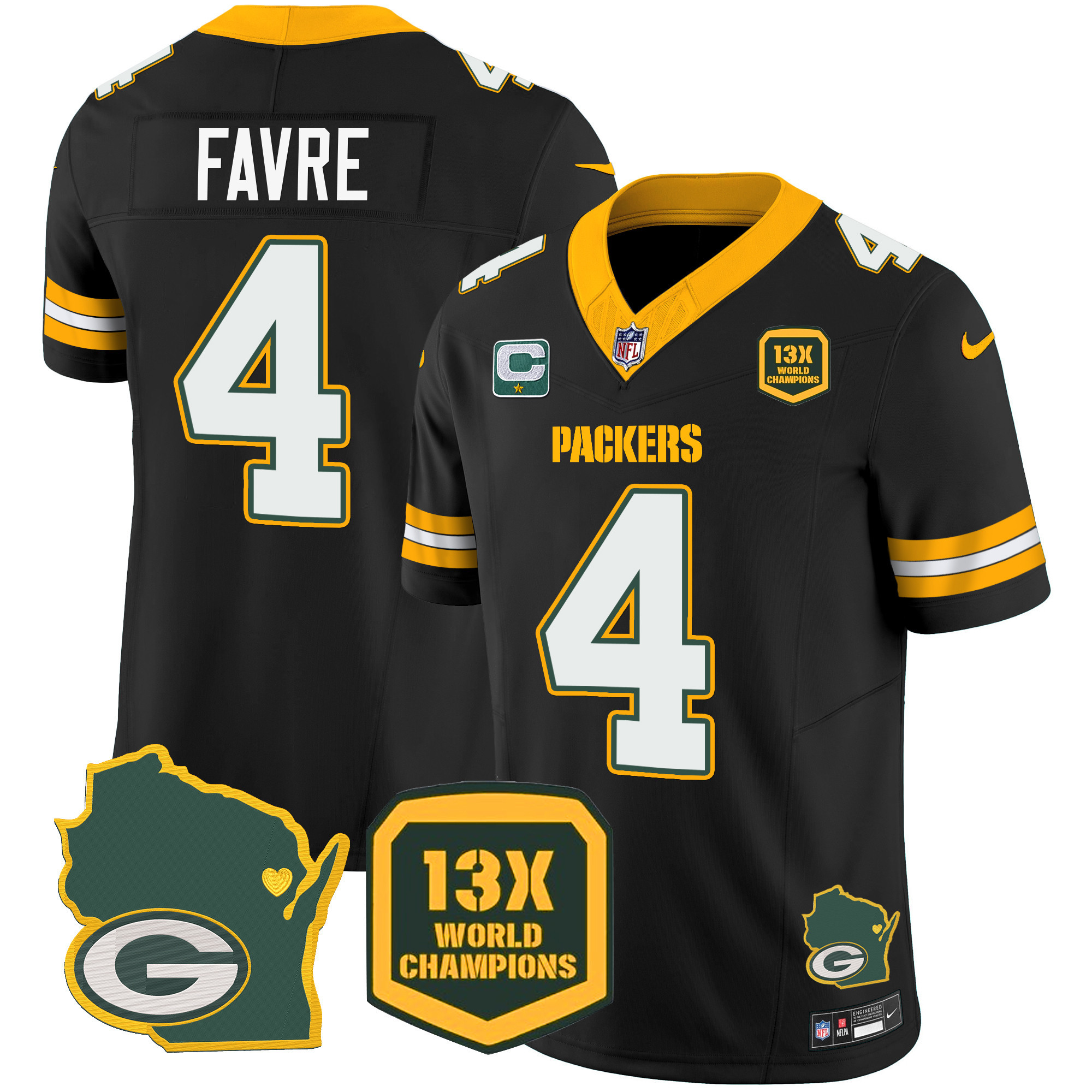Brett Favre Men's Green Bay Packers 13 Time World Champions & Home Patch Vapor Jersey V2 Ã¯Â¿Â½ All Stitched Black Jersey - All Stitched