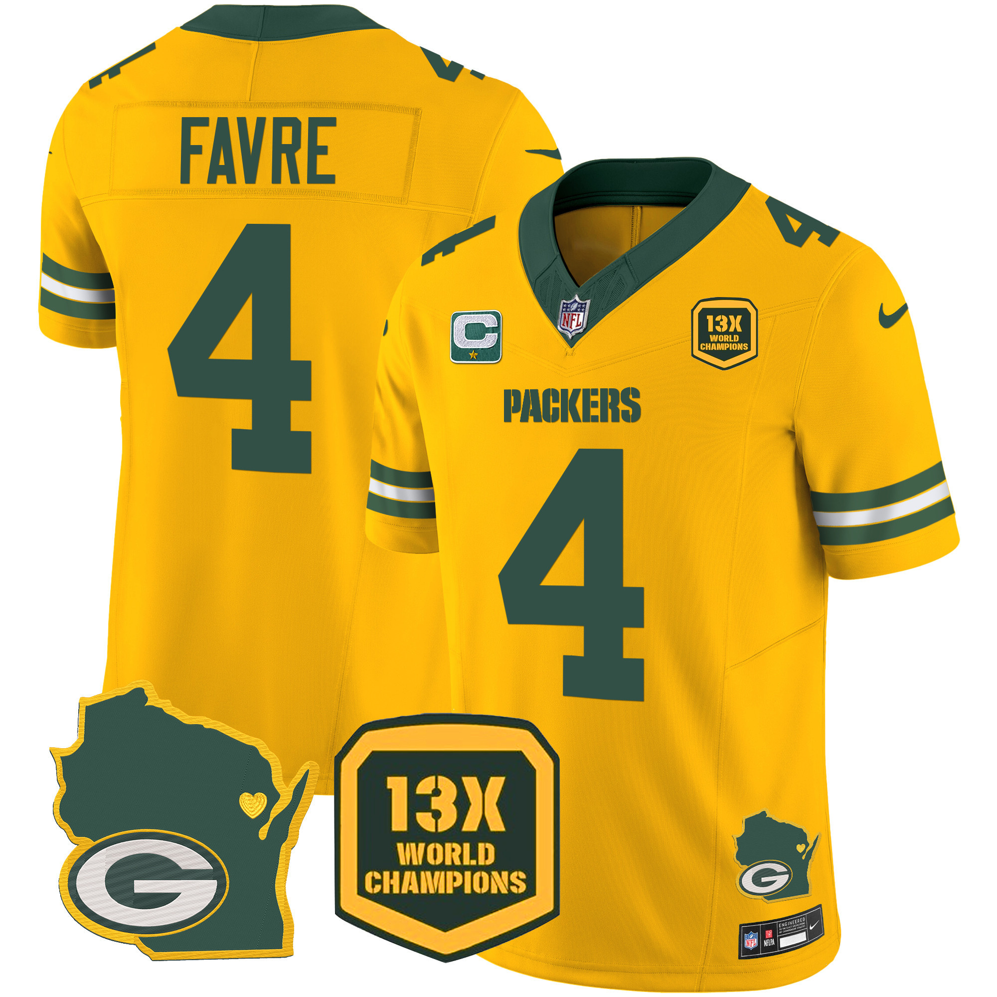 Brett Favre Men's Green Bay Packers 13 Time World Champions & Home Patch Vapor Jersey V2 Ã¯Â¿Â½ All Stitched Gold Jersey - All Stitched