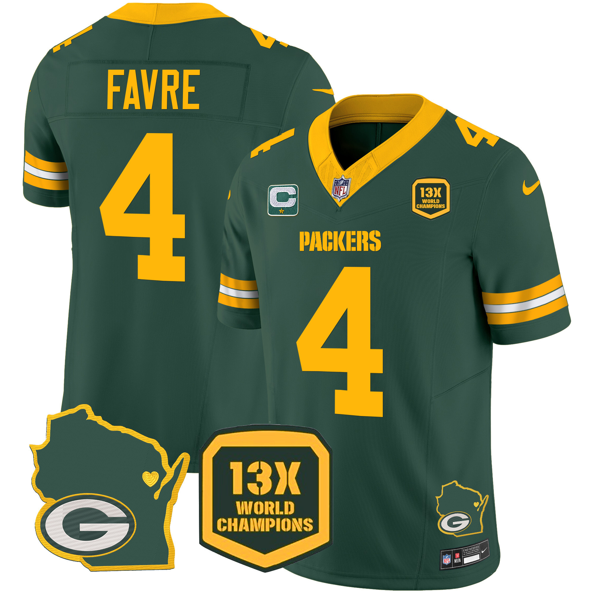 Brett Favre Men's Green Bay Packers 13 Time World Champions & Home Patch Vapor Jersey V2 Ã¯Â¿Â½ All Stitched Green Jersey - All Stitched
