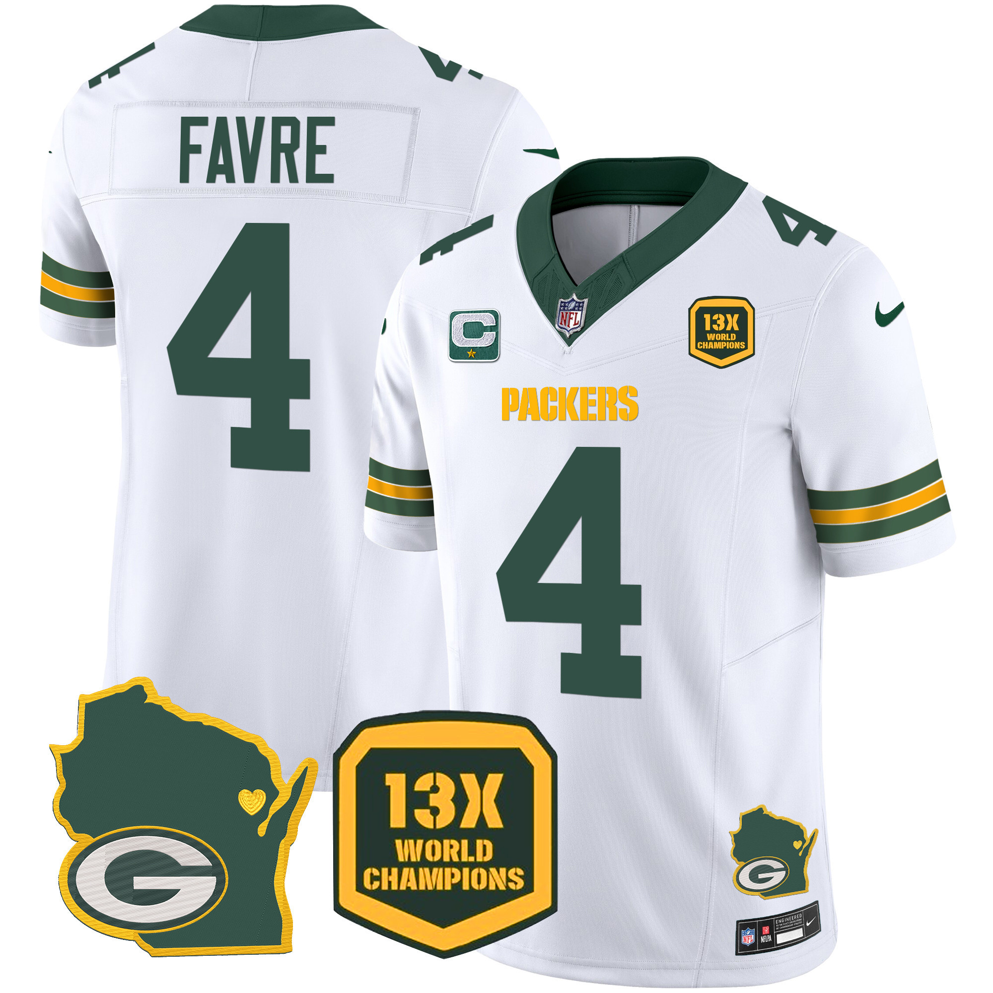 Brett Favre Men's Green Bay Packers 13 Time World Champions & Home Patch Vapor Jersey V2 Ã¯Â¿Â½ All Stitched White Jersey - All Stitched