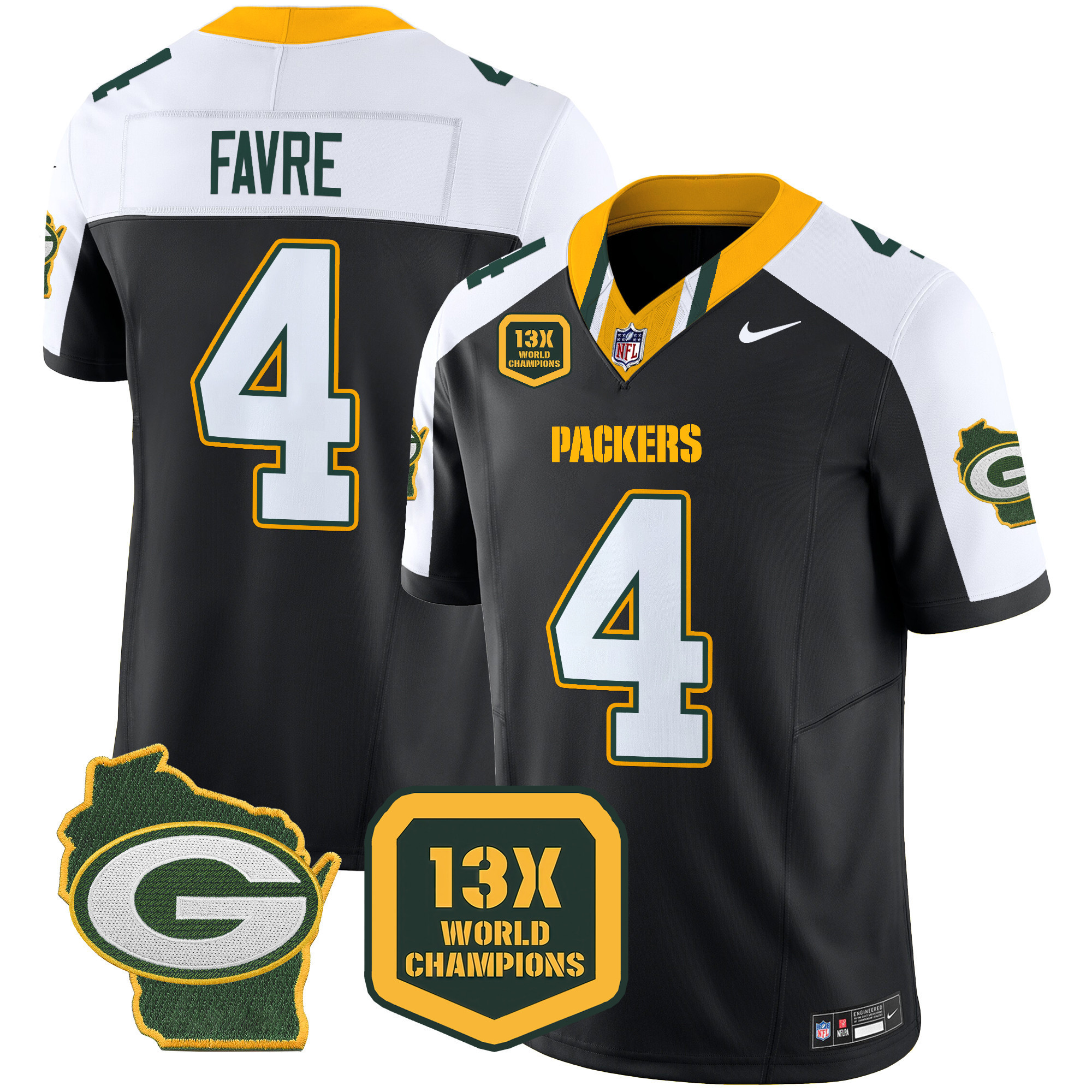 Brett Favre Men's Green Bay Packers 13 Time World Champions & Home Patch Vapor Limited Jersey Ã¢â‚¬â€œ All Stitched Black Alternate Jersey - All Stitched