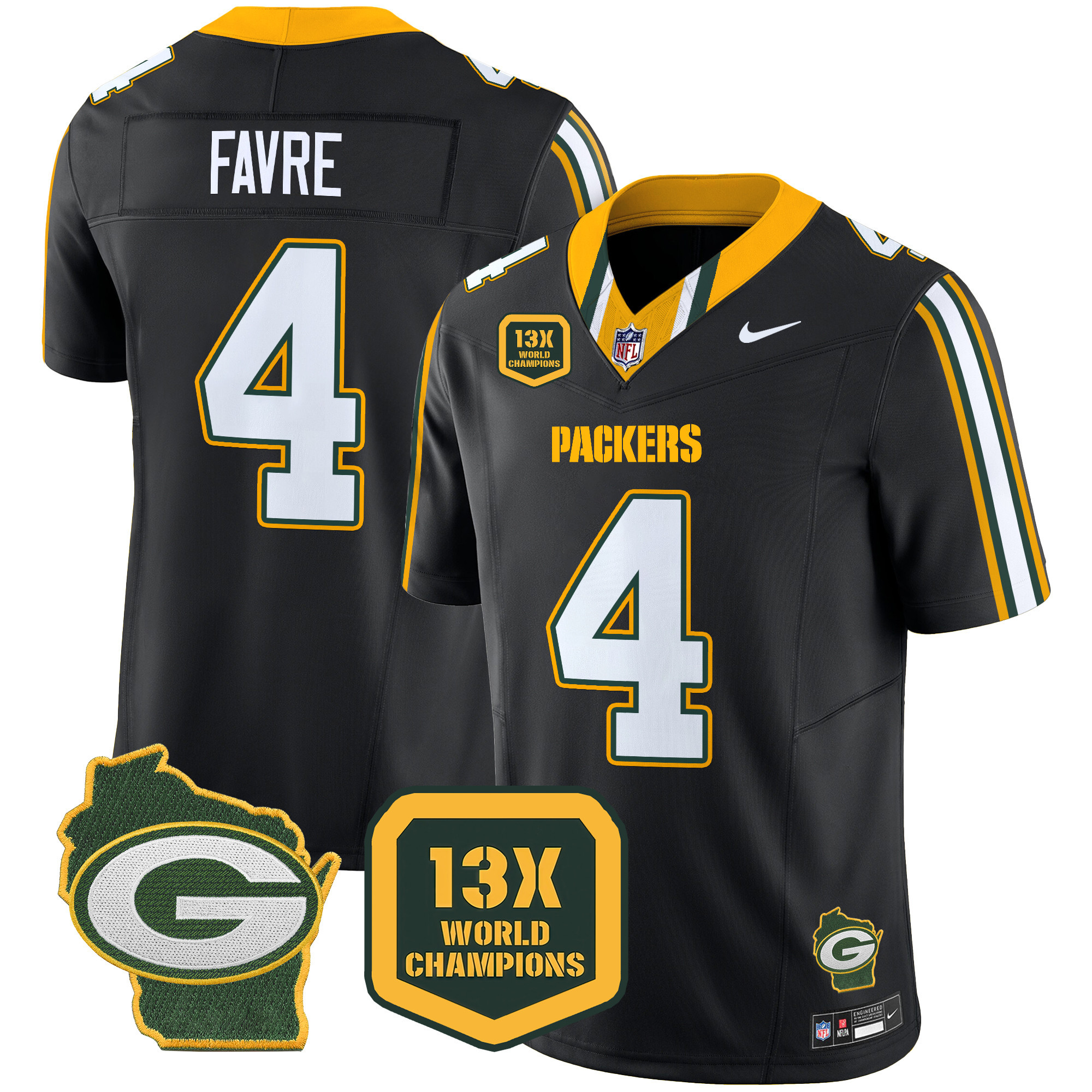 Brett Favre Men's Green Bay Packers 13 Time World Champions & Home Patch Vapor Limited Jersey Ã¢â‚¬â€œ All Stitched Black Jersey - All Stitched