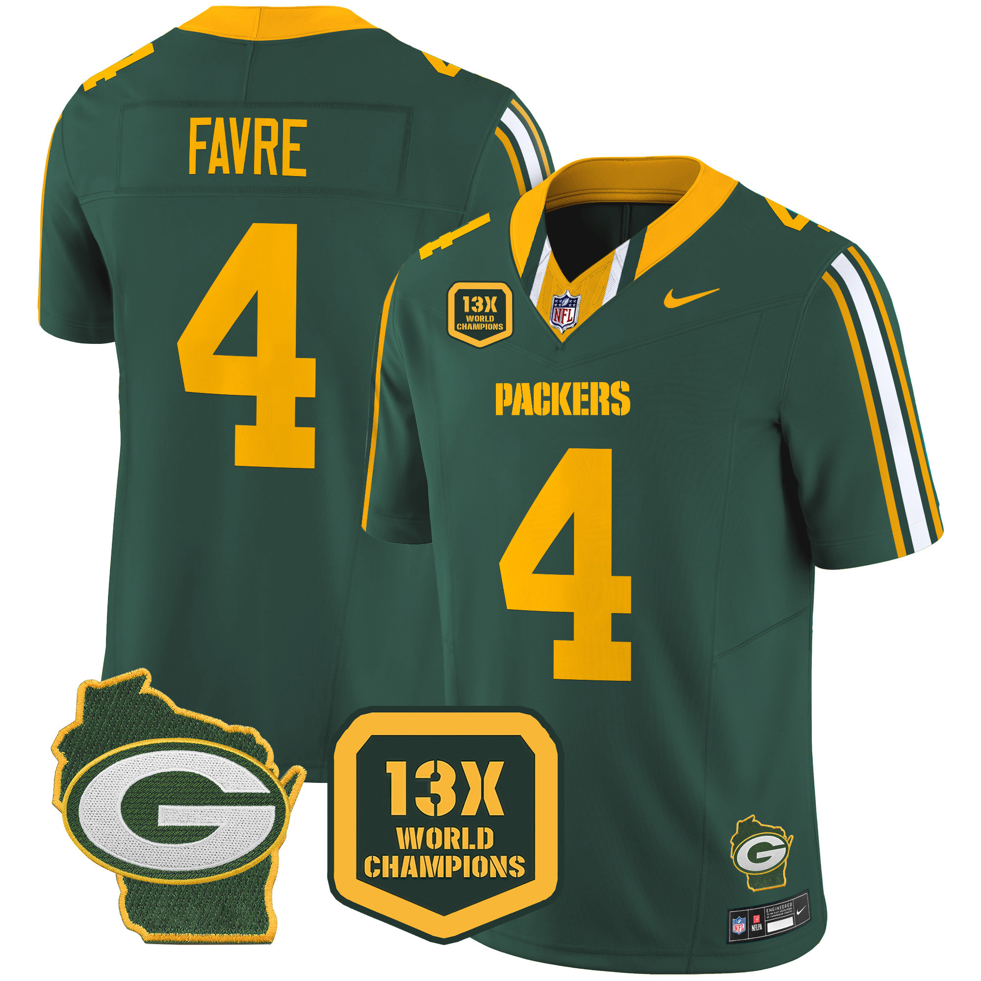 Brett Favre Men's Green Bay Packers 13 Time World Champions & Home Patch Vapor Limited Jersey ÃƒÂ¢Ã¢â€šÂ¬Ã¢â‚¬Å“ All Stitched Green Jersey - All Stitched