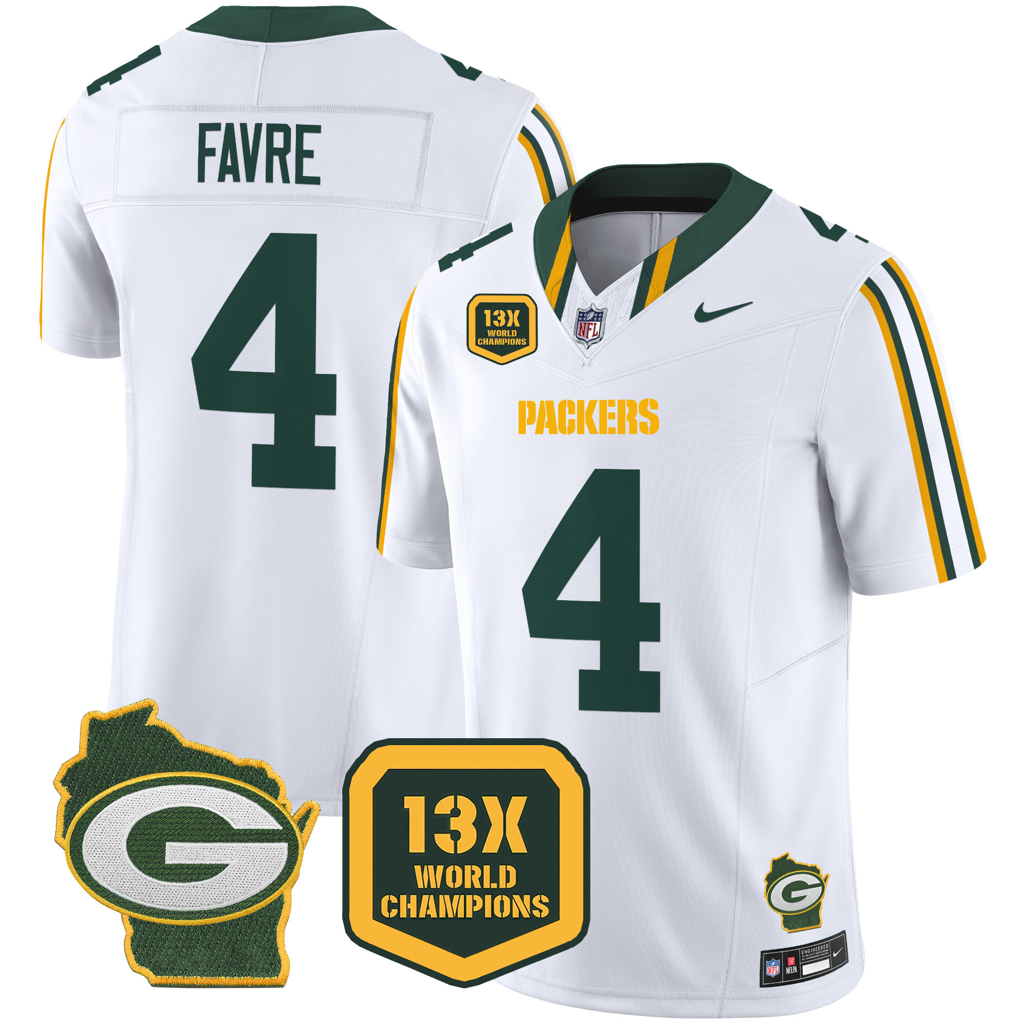 Brett Favre Men's Green Bay Packers 13 Time World Champions & Home Patch Vapor Limited Jersey ÃƒÂ¢Ã¢â€šÂ¬Ã¢â‚¬Å“ All Stitched White Jersey - All Stitched