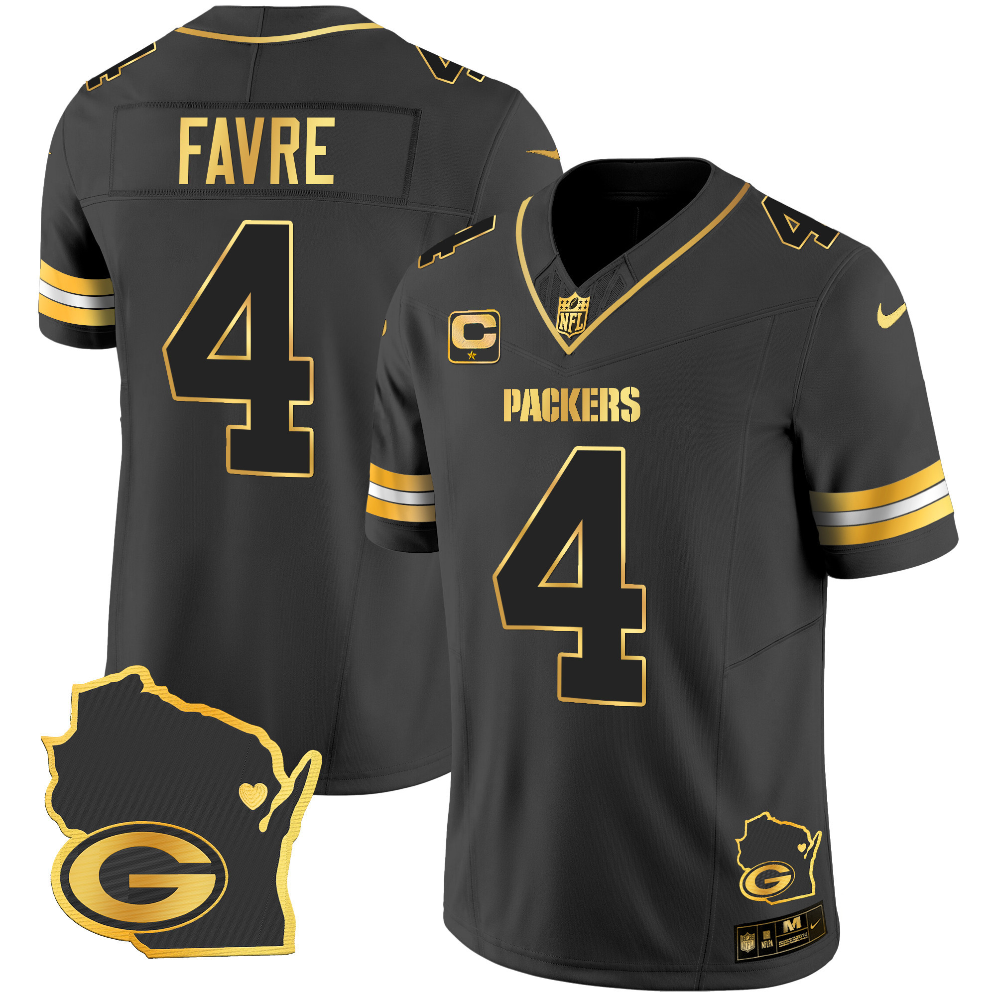Brett Favre Men's Green Bay Packers Home Patch Gold Vapor Black Gold Jersey - All Stitched