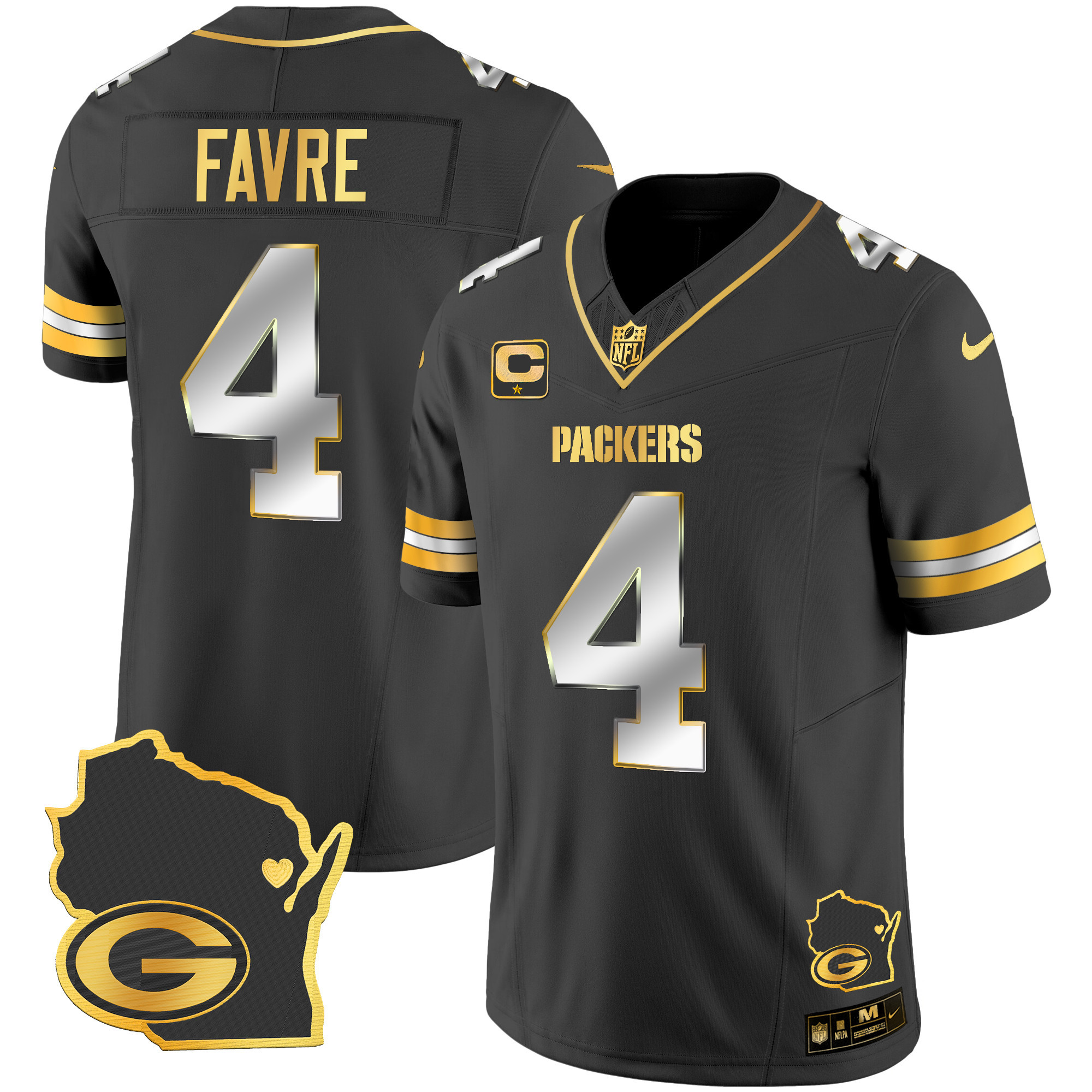 Brett Favre Men's Green Bay Packers Home Patch Gold Vapor Black Limited Jersey - All Stitched