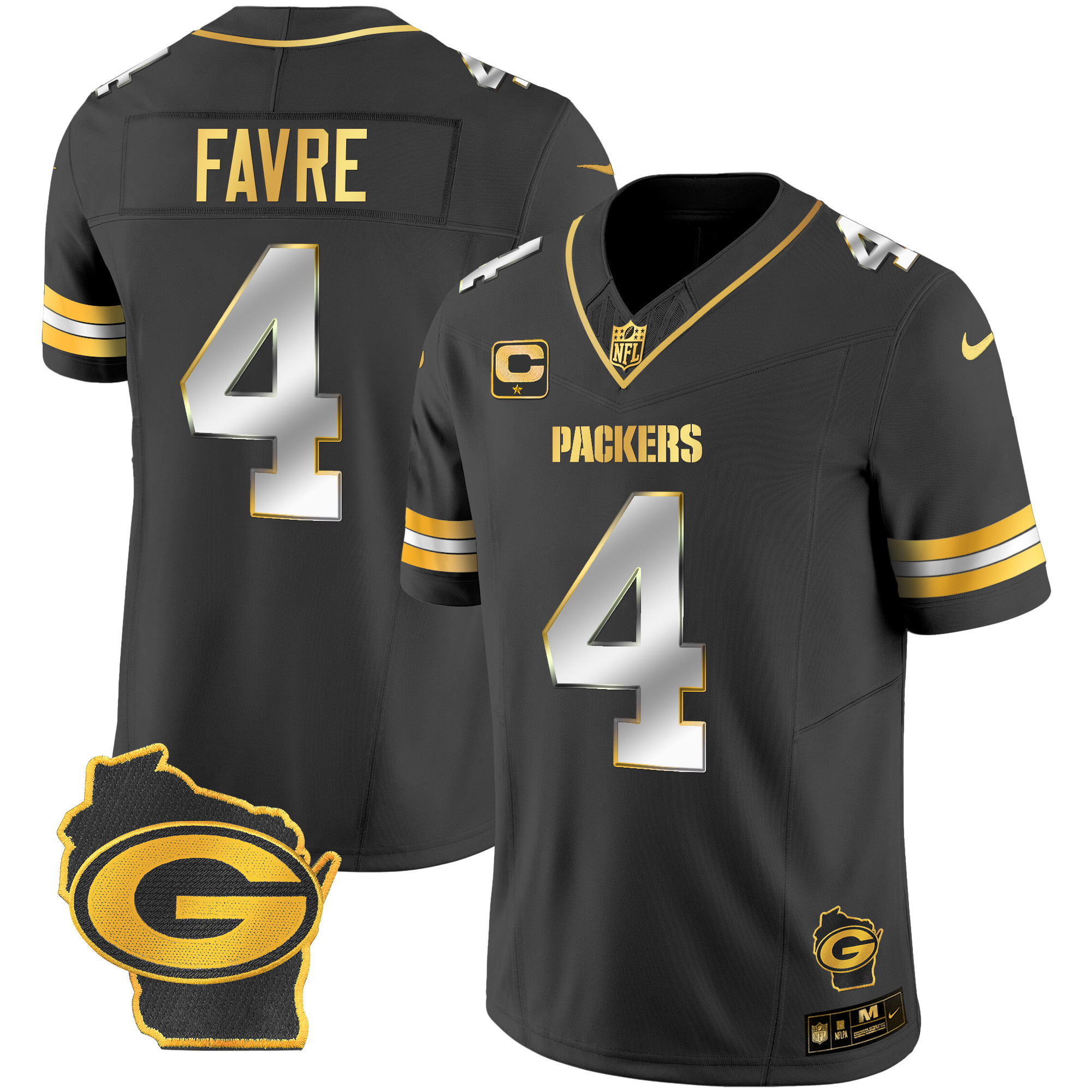 Brett Favre Men's Green Bay Packers Home Patch Gold Vapor Black Limited Jersey - All Stitched