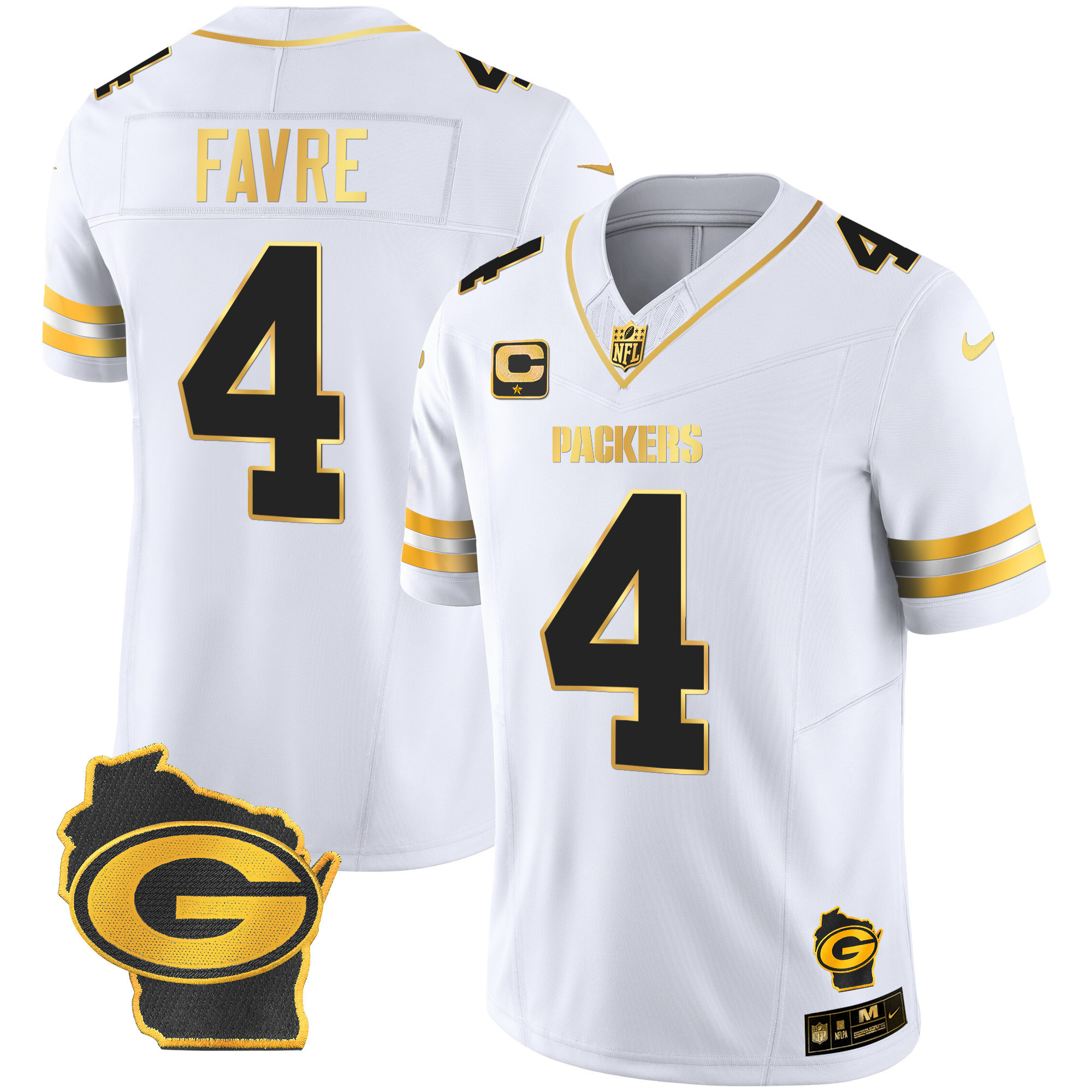 Brett Favre Men's Green Bay Packers Home Patch Gold Vapor White Gold Jersey - All Stitched