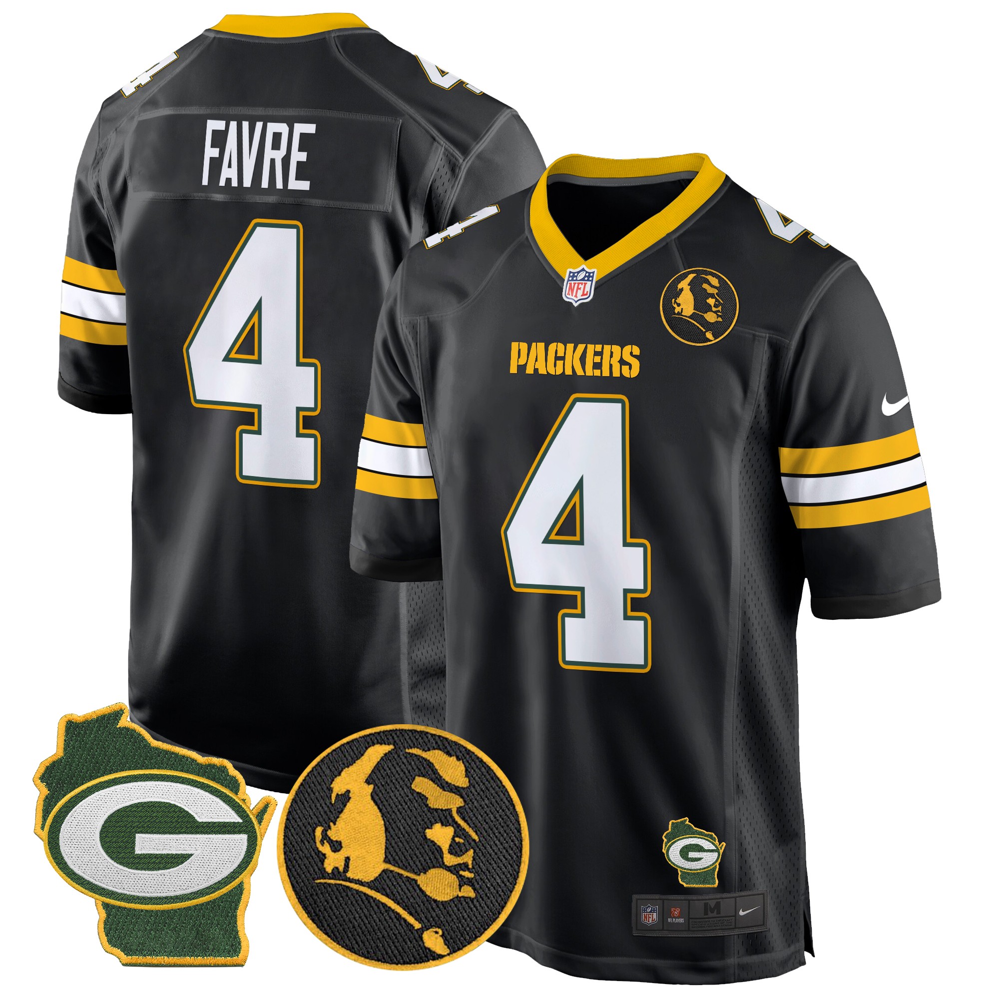Brett Favre Men's Green Bay Packers John Madden & Home Patch Game Black Jersey - All Stitched
