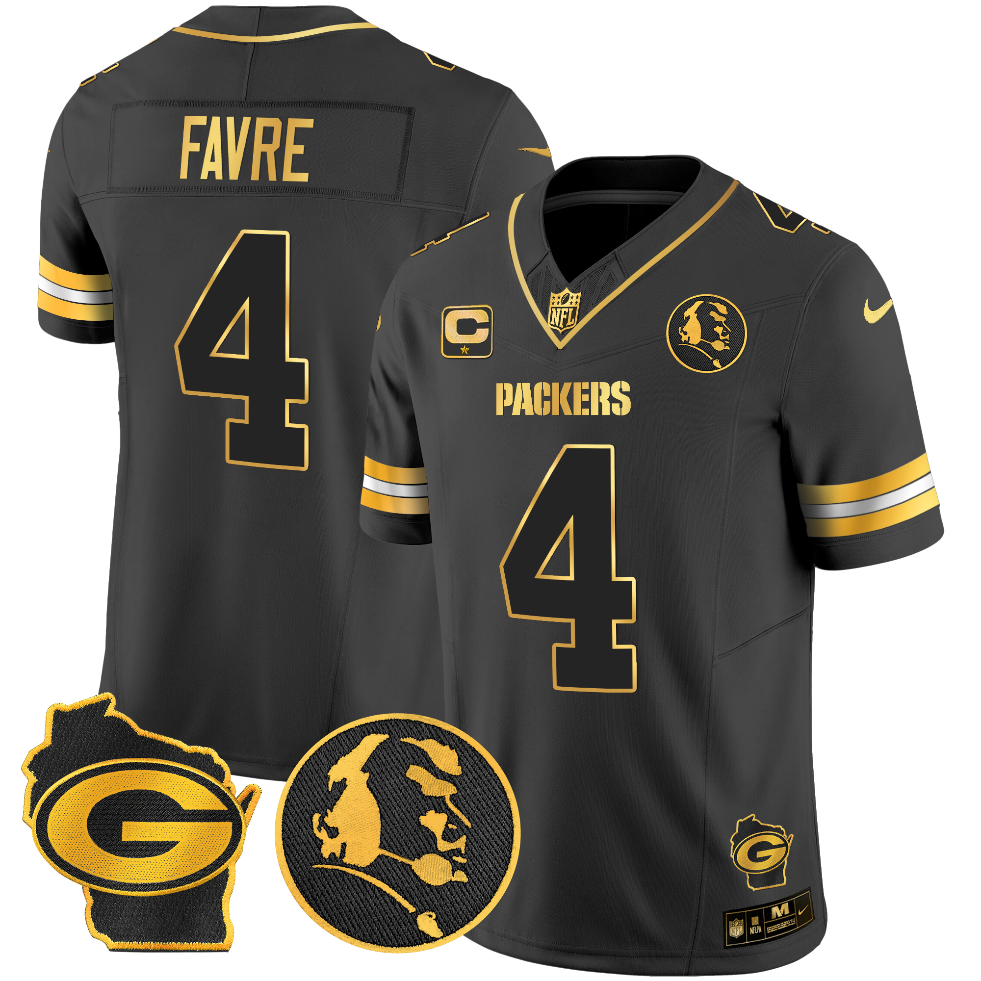 Brett Favre Men's Green Bay Packers John Madden & Home Patch Gold Vapor Limited Black Gold Jersey - All Stitched