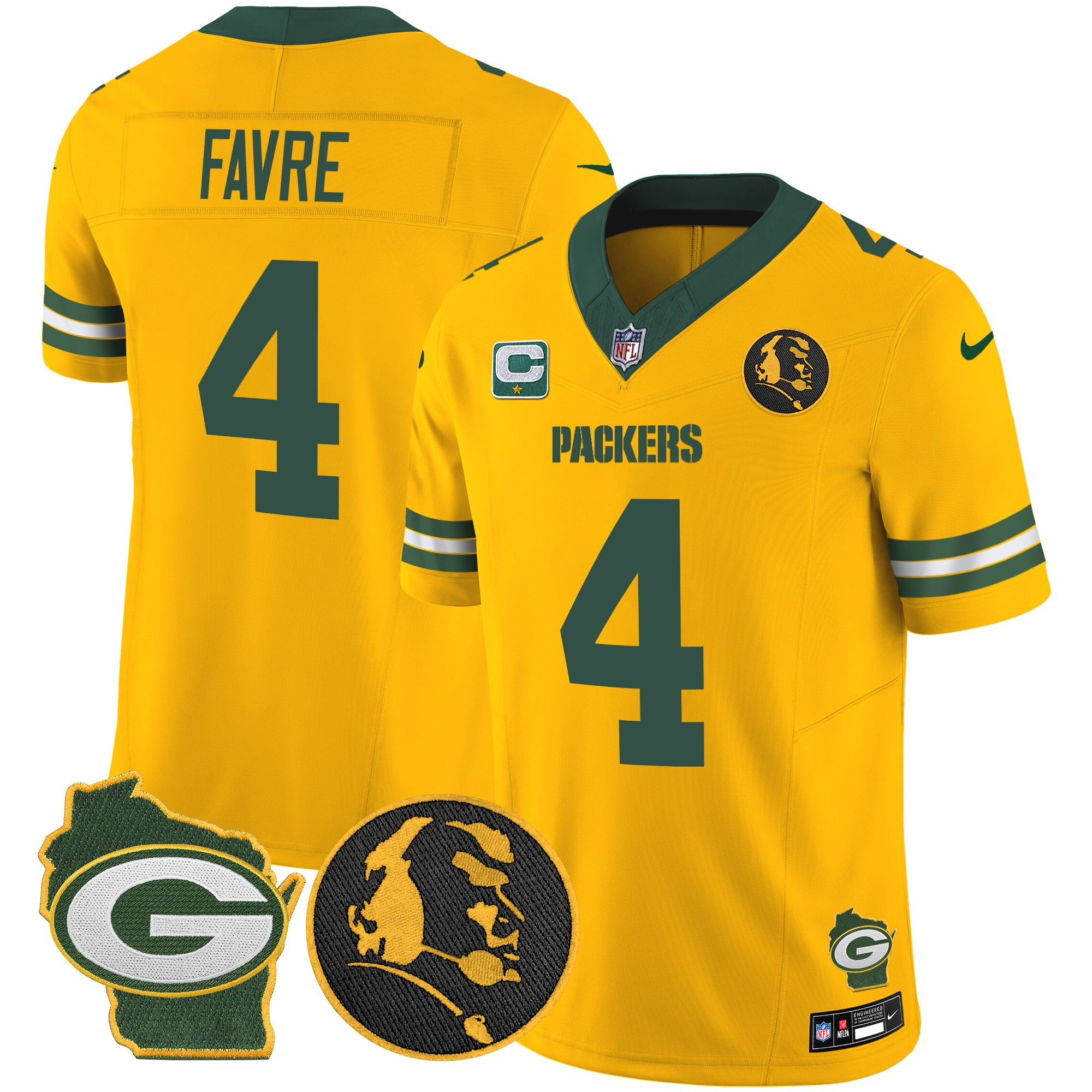 Brett Favre Men's Green Bay Packers John Madden & Home Patch Vapor Limited Gold Jersey - All Stitched