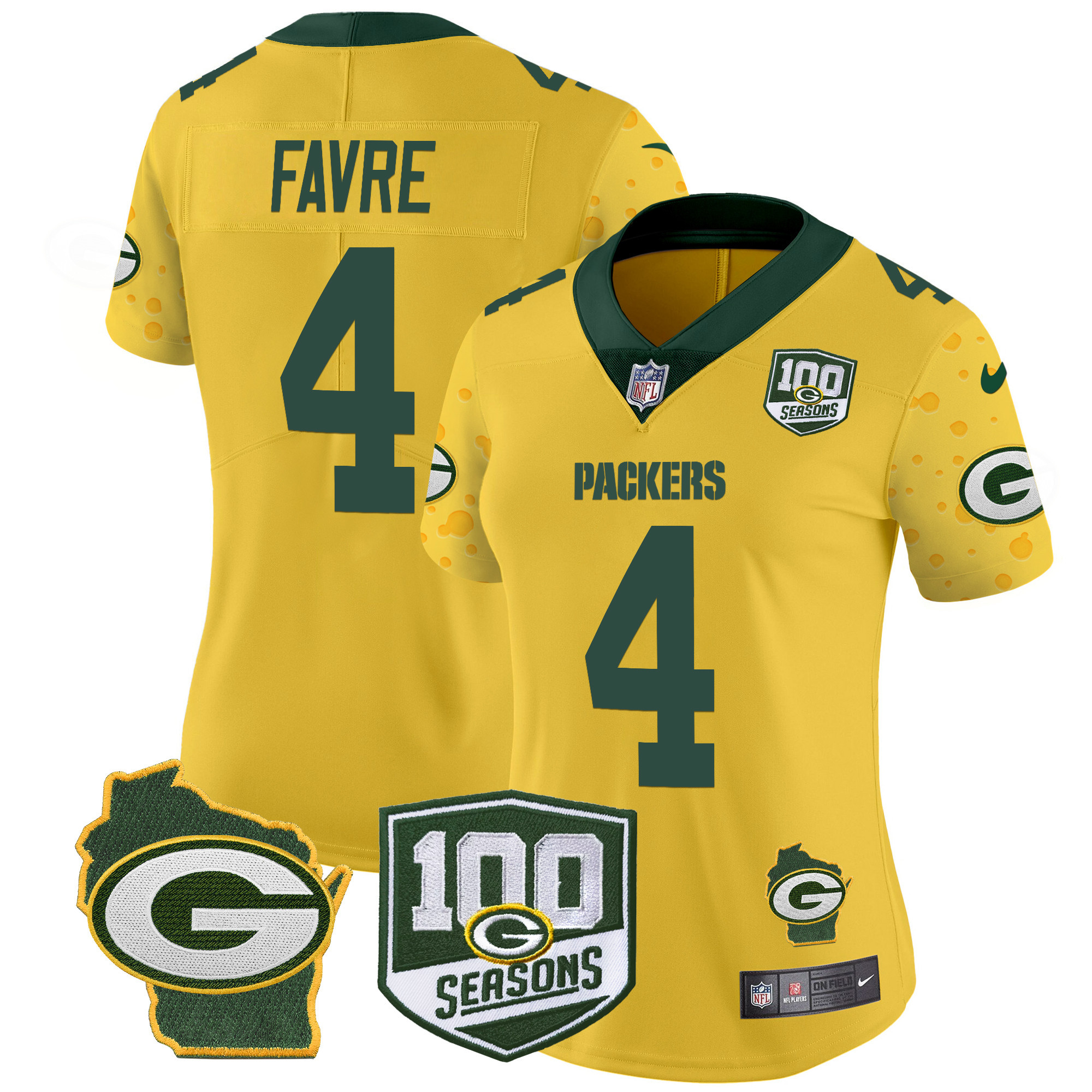 Brett Favre Women's Green Bay Packers 100th Season & Home Patch Cheese Vapor Limited Jersey Ã¢â‚¬â€œ All Stitched Gold Jersey - All Stitched