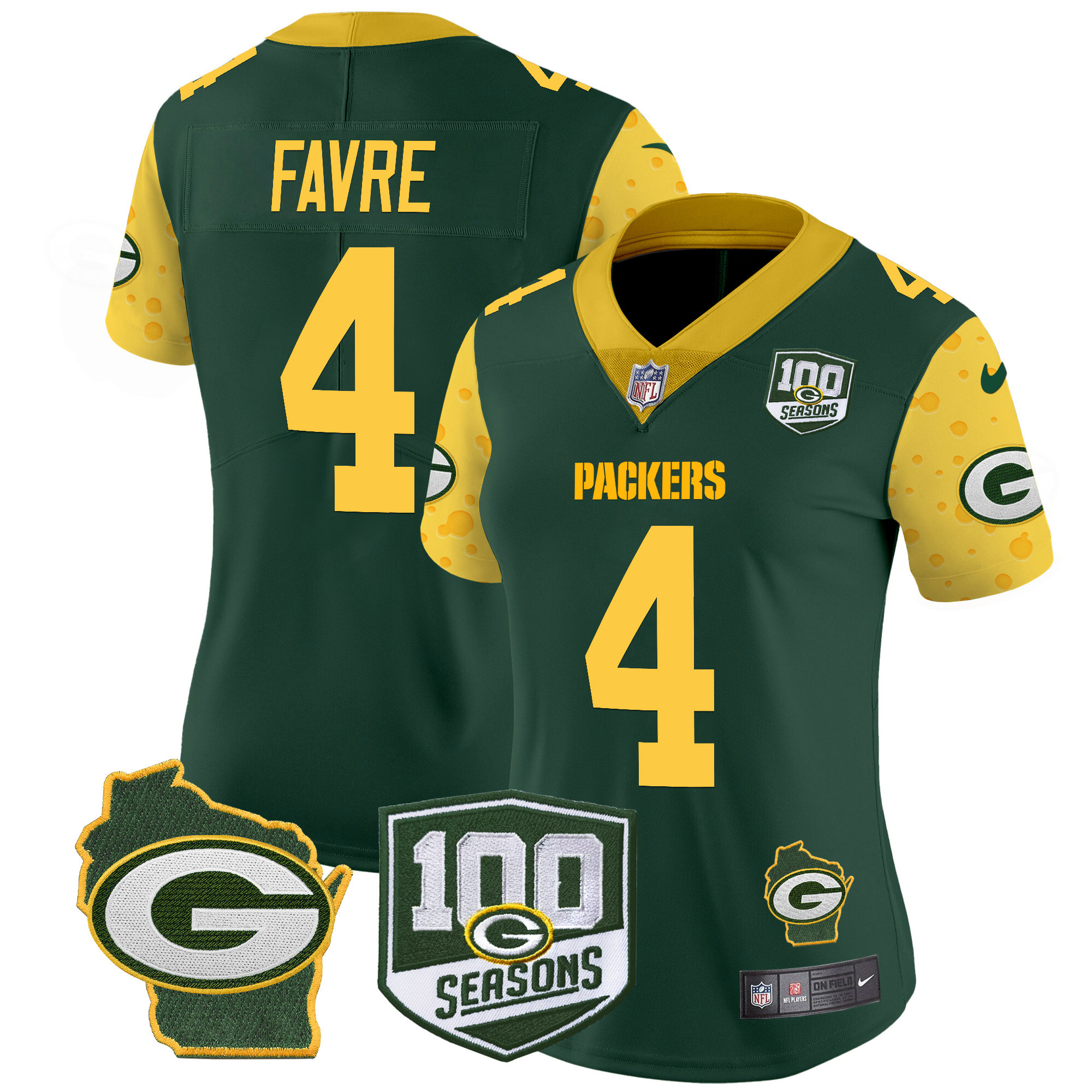 Brett Favre Women's Green Bay Packers 100th Season & Home Patch Cheese Vapor Limited Jersey ÃƒÂ¢Ã¢â€šÂ¬Ã¢â‚¬Å“ All Stitched Green Jersey - All Stitched