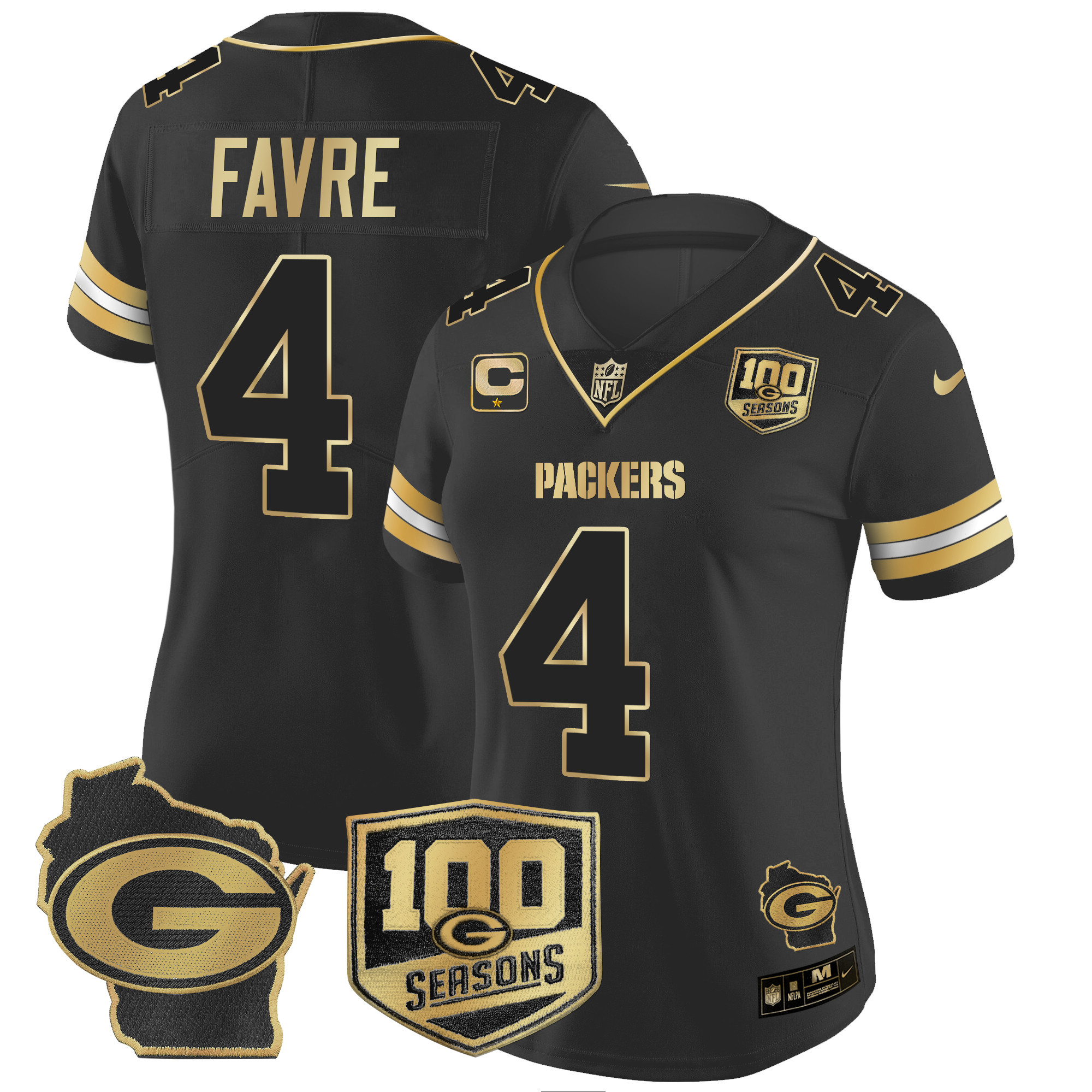 Brett Favre Women's Green Bay Packers 100th Season & Home Patch Gold Vapor Limited Jersey ÃƒÂ¢Ã¢â€šÂ¬Ã¢â‚¬Å“ All Stitched Black Gold Jersey - All Stitched