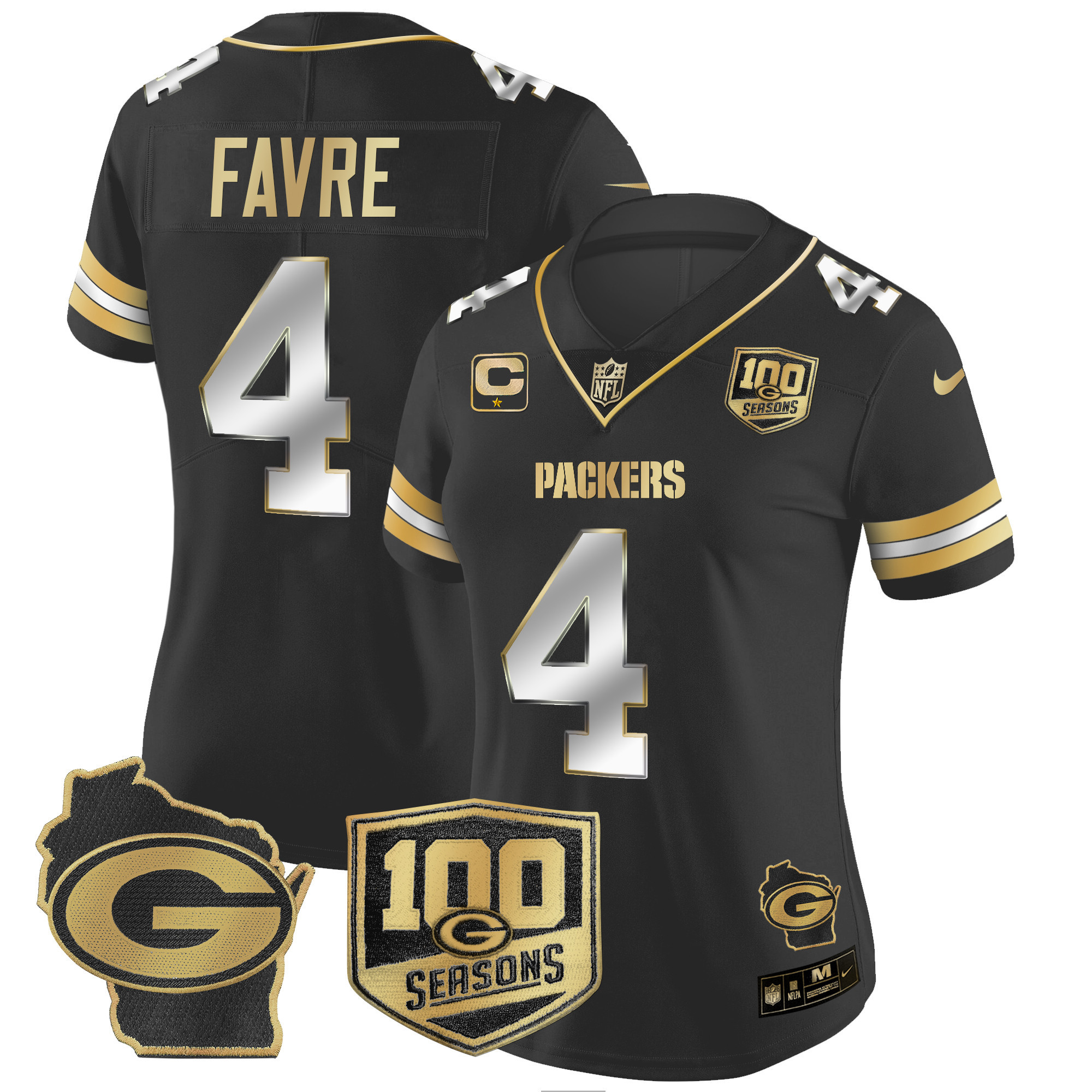 Brett Favre Women's Green Bay Packers 100th Season & Home Patch Gold Vapor Limited Jersey Ã¢â‚¬â€œ All Stitched Black Limited Jersey - All Stitched