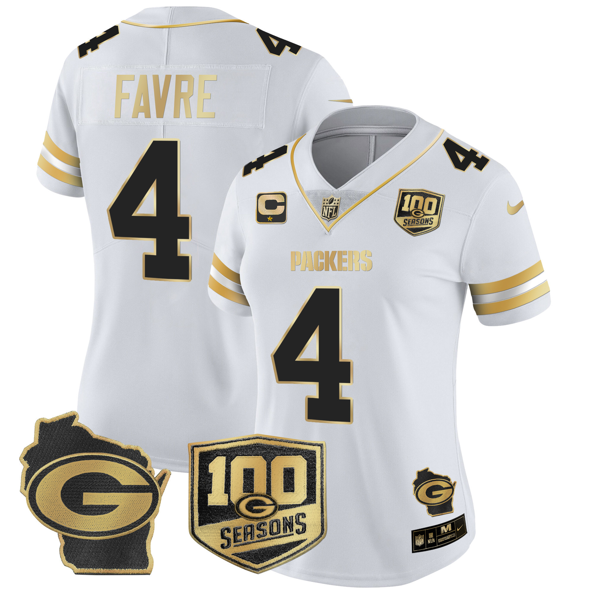 Brett Favre Women's Green Bay Packers 100th Season & Home Patch Gold Vapor Limited Jersey ÃƒÂ¢Ã¢â€šÂ¬Ã¢â‚¬Å“ All Stitched White Gold Jersey - All Stitched