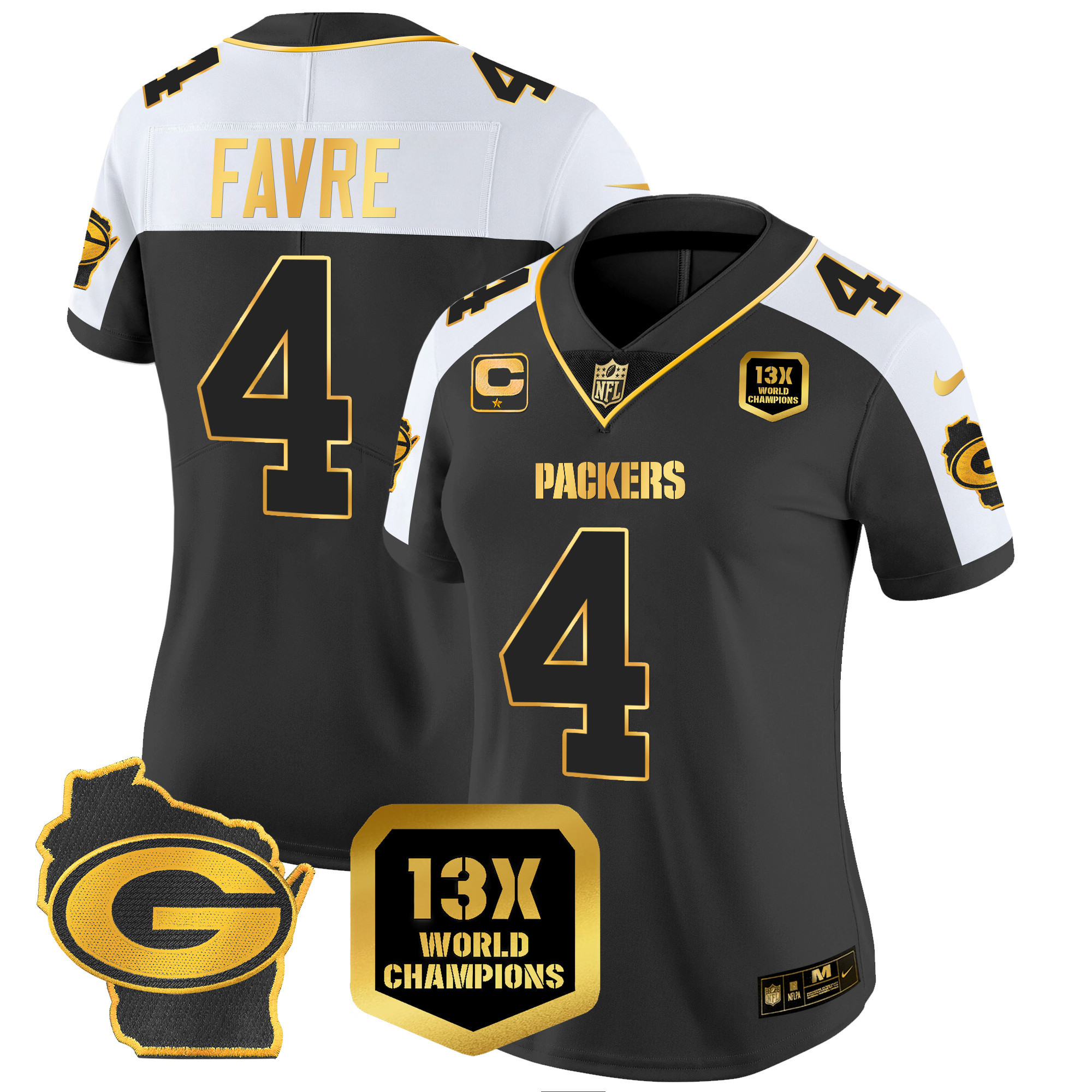 Brett Favre Women's Green Bay Packers 13 Time World Champions & Home Patch Gold Vapor Jersey Ã¯Â¿Â½ All Stitched Alternate Jersey - All Stitched