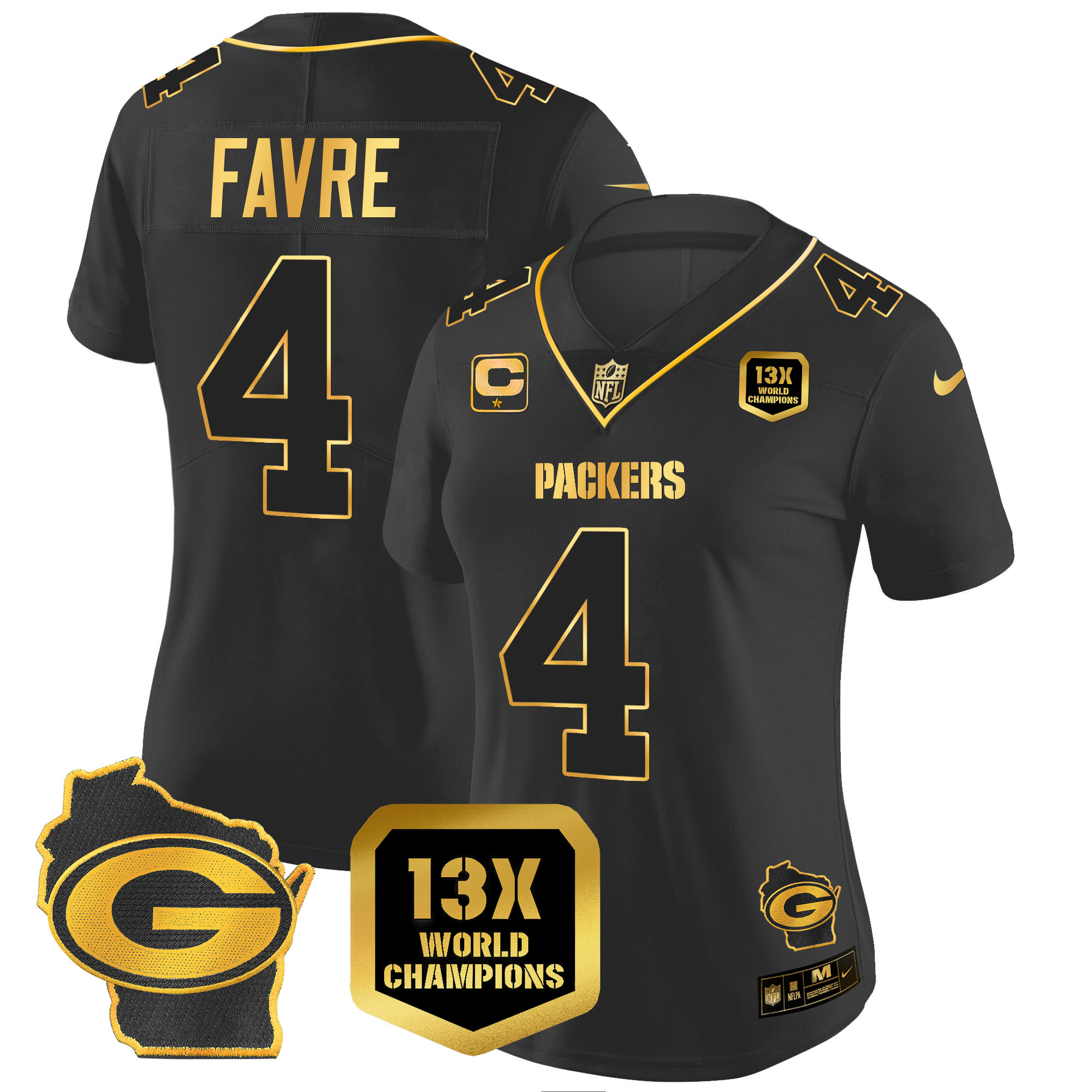 Brett Favre Women's Green Bay Packers 13 Time World Champions & Home Patch Gold Vapor Jersey Ã¯Â¿Â½ All Stitched Black Gold Jersey - All Stitched