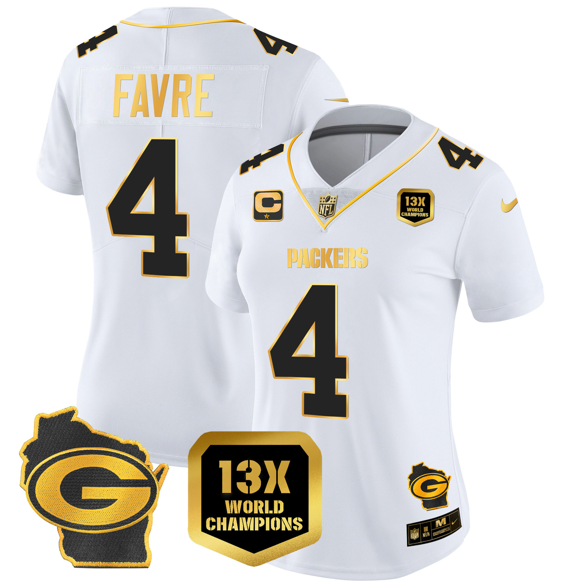 Brett Favre Women's Green Bay Packers 13 Time World Champions & Home Patch Gold Vapor Jersey Ã¯Â¿Â½ All Stitched White Gold Jersey - All Stitched