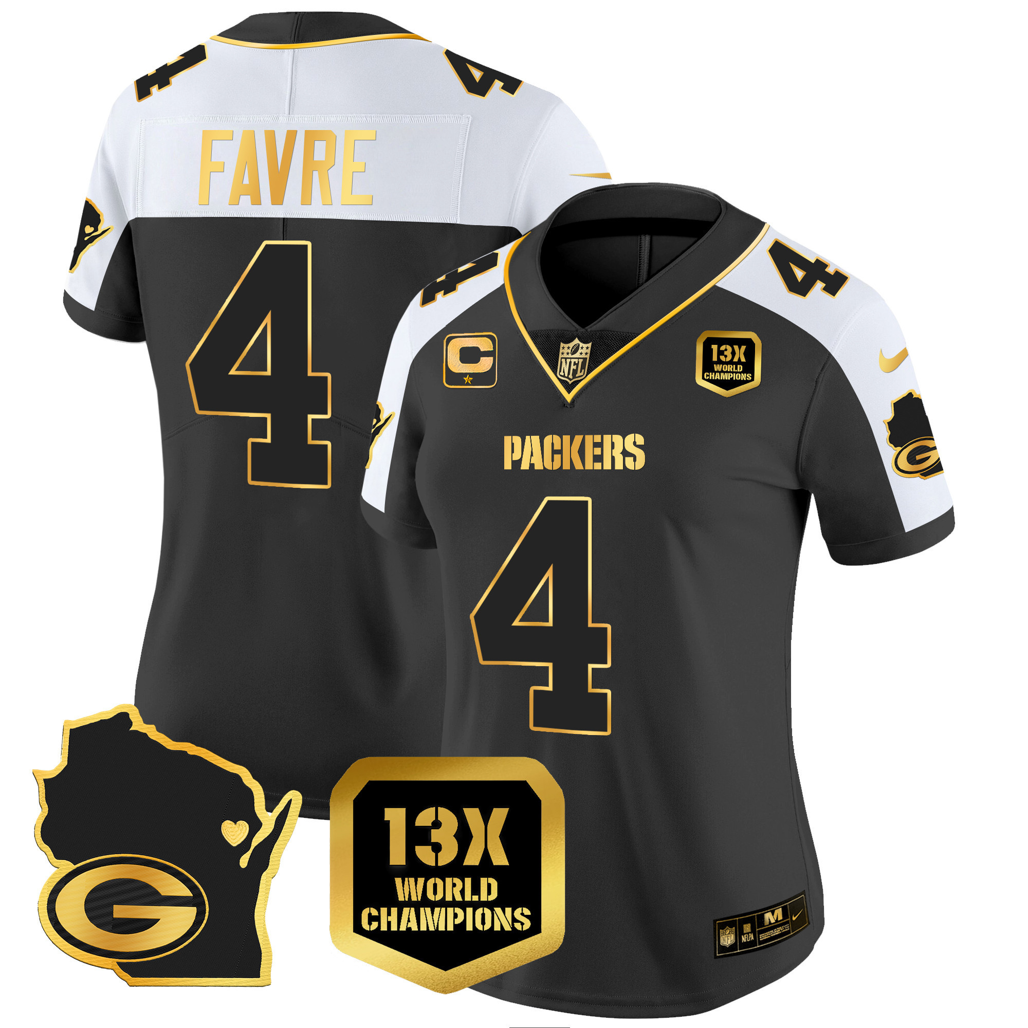 Brett Favre Women's Green Bay Packers 13 Time World Champions & Home Patch Gold Vapor Jersey V2 Ã¯Â¿Â½ All Stitched Alternate Jersey - All Stitched
