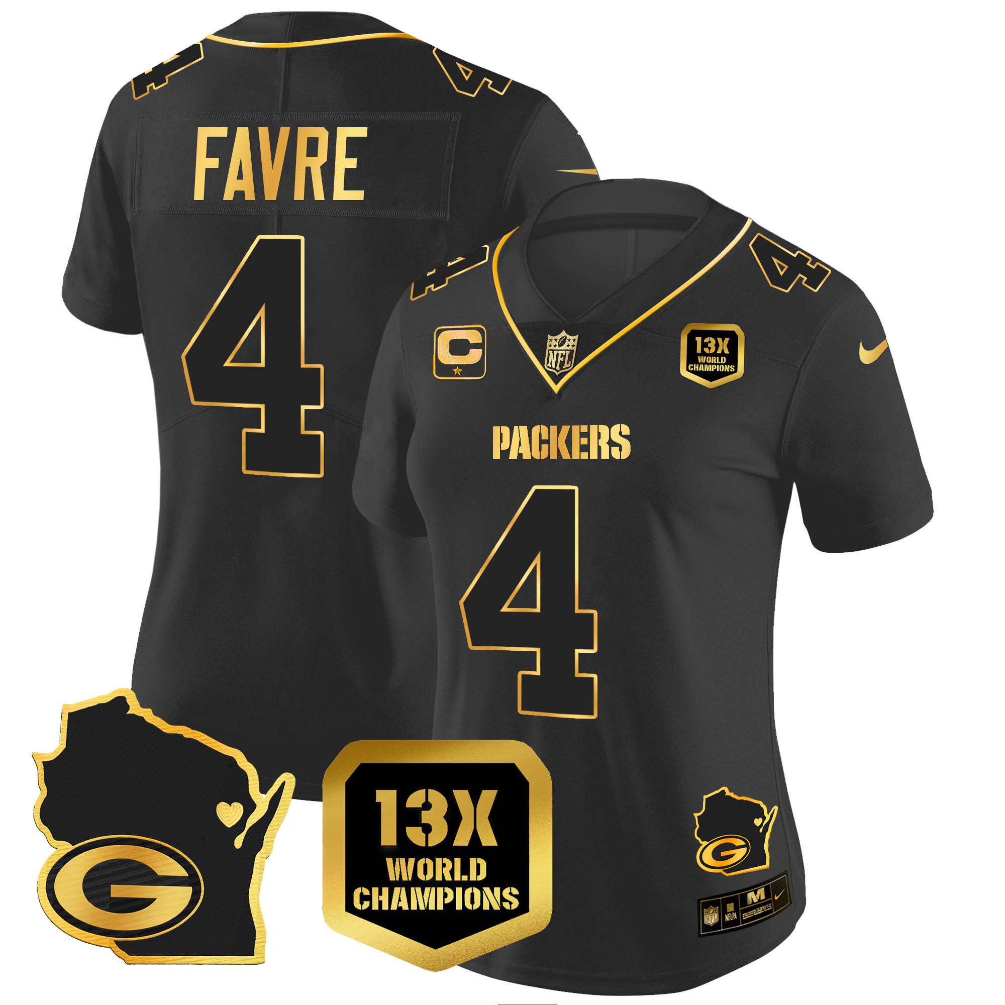 Brett Favre Women's Green Bay Packers 13 Time World Champions & Home Patch Gold Vapor Jersey V2 Ã¯Â¿Â½ All Stitched Black Gold Jersey - All Stitched