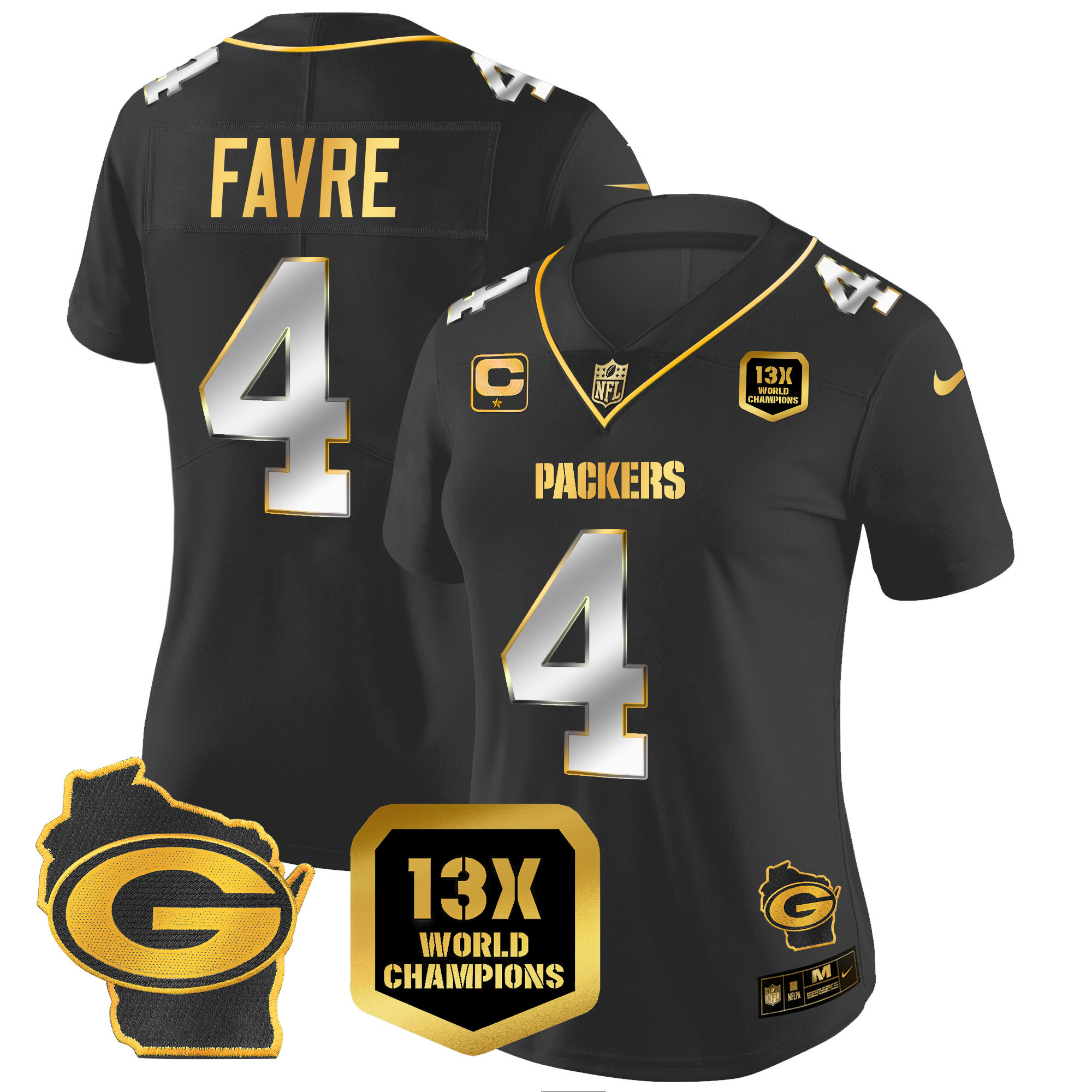 Brett Favre Women's Green Bay Packers 13 Time World Champions & Home Patch Gold Vapor Jersey V2 Ã¯Â¿Â½ All Stitched Black Limited Jersey - All Stitched