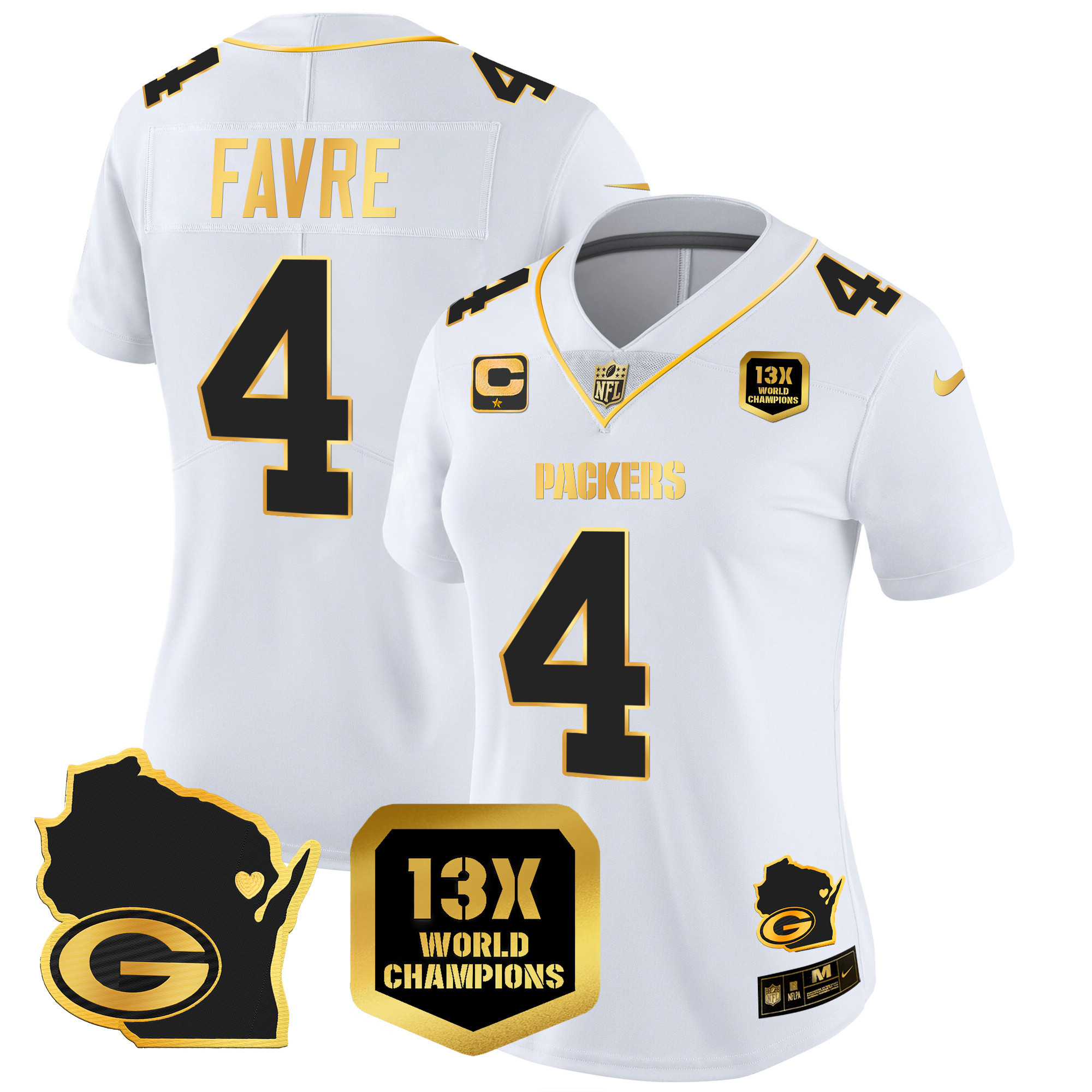 Brett Favre Women's Green Bay Packers 13 Time World Champions & Home Patch Gold Vapor Jersey V2 Ã¯Â¿Â½ All Stitched White Gold Jersey - All Stitched