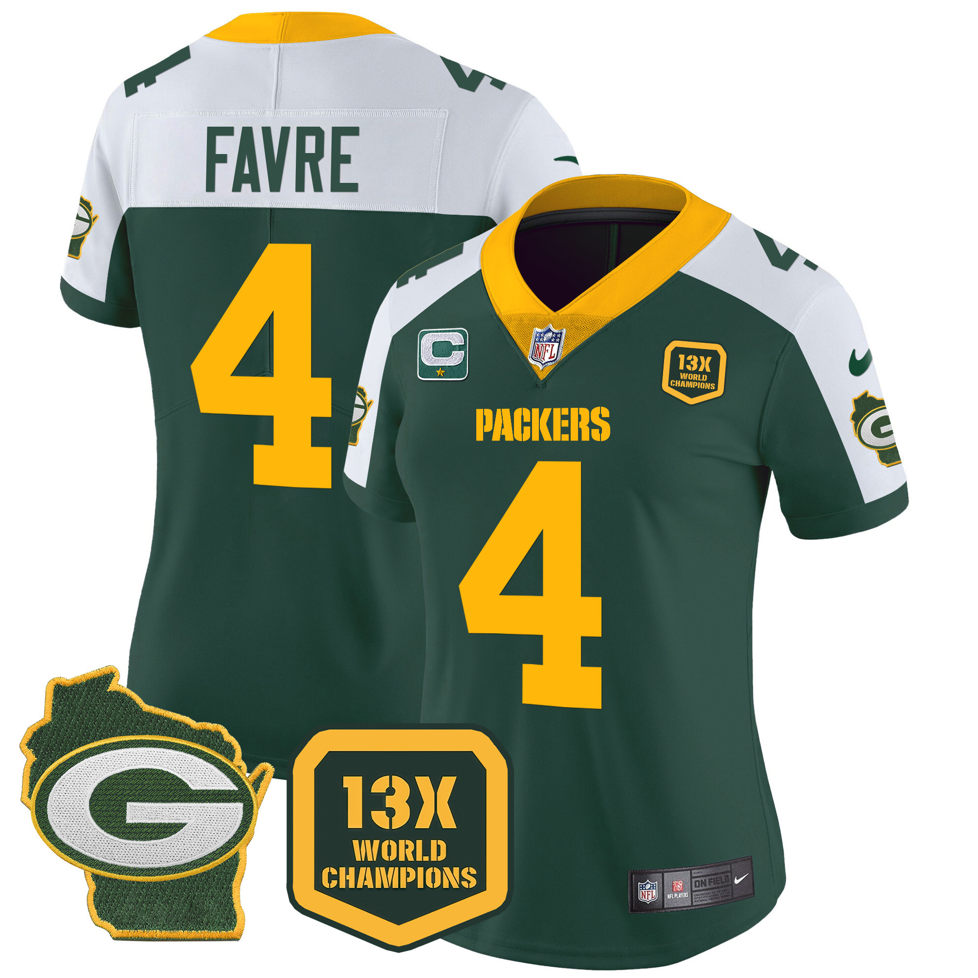 Brett Favre Women's Green Bay Packers 13 Time World Champions & Home Patch Vapor Jersey Ã¯Â¿Â½ All Stitched Alternate Jersey - All Stitched