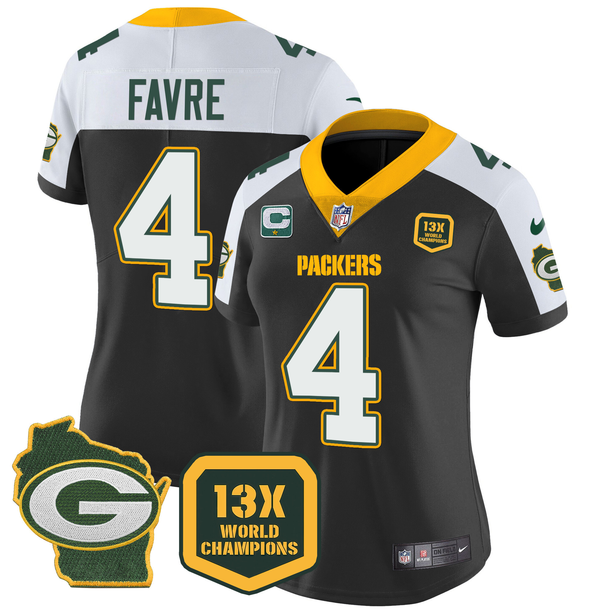 Brett Favre Women's Green Bay Packers 13 Time World Champions & Home Patch Vapor Jersey Ã¯Â¿Â½ All Stitched Black Alternate Jersey - All Stitched