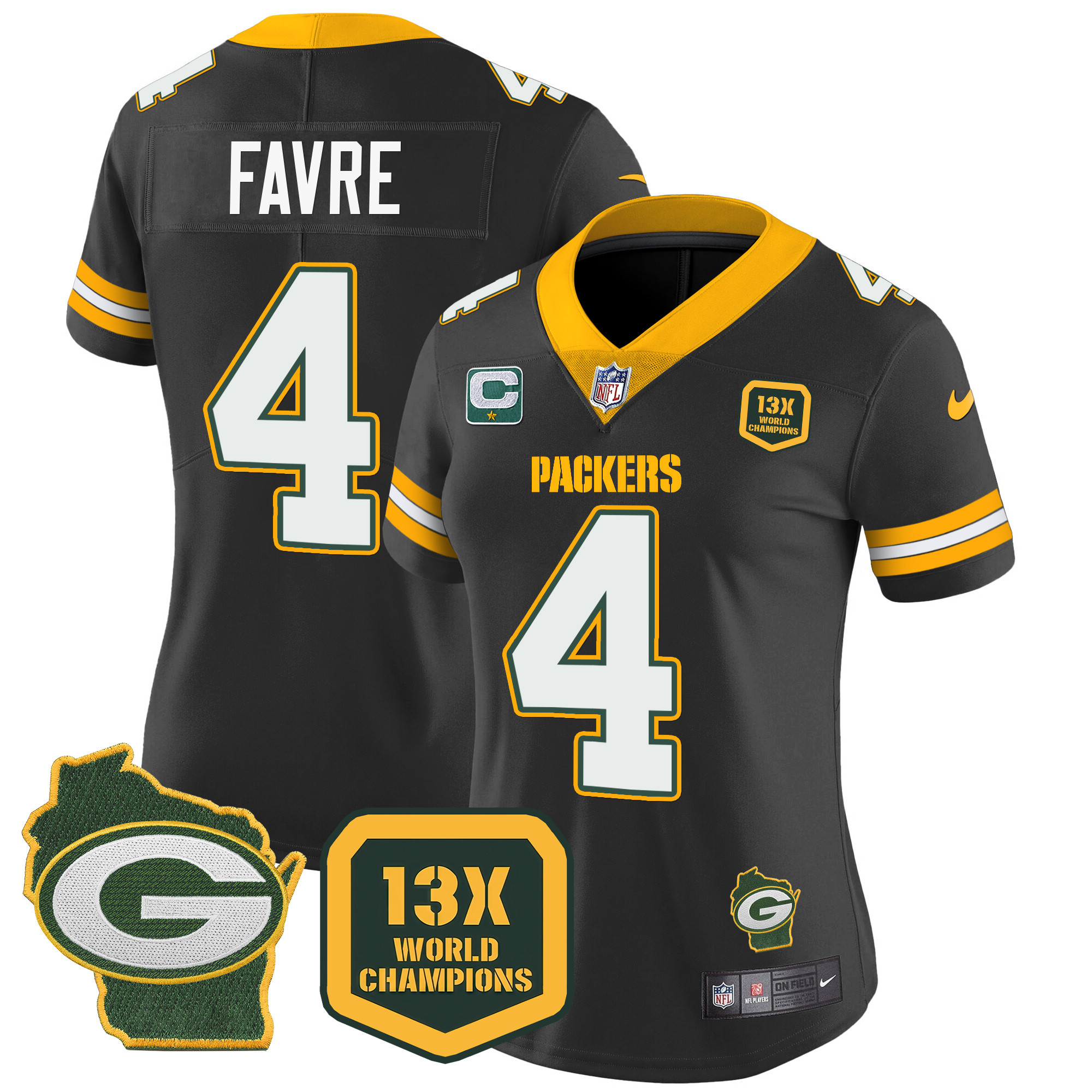 Brett Favre Women's Green Bay Packers 13 Time World Champions & Home Patch Vapor Jersey Ã¯Â¿Â½ All Stitched Black Jersey - All Stitched