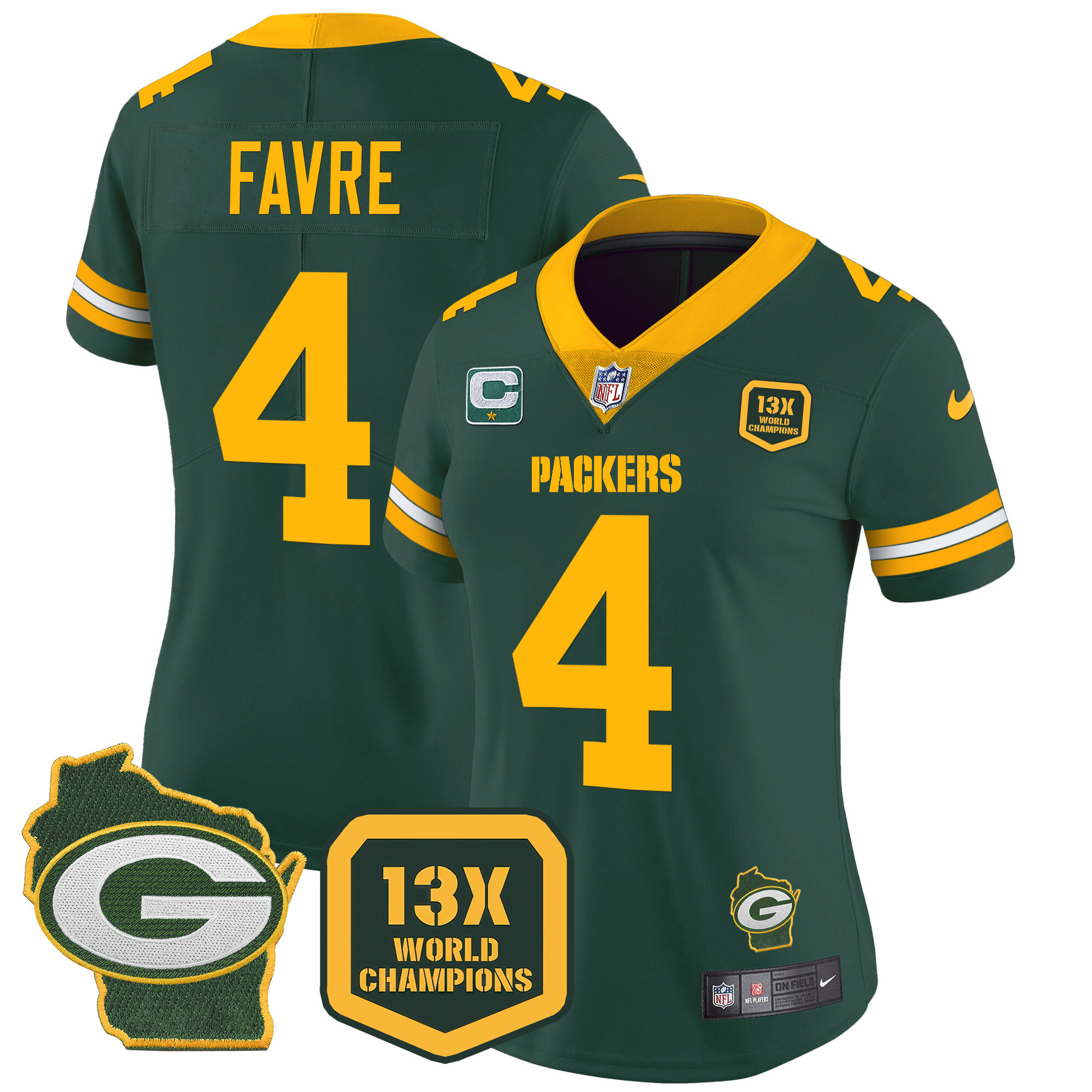 Brett Favre Women's Green Bay Packers 13 Time World Champions & Home Patch Vapor Jersey Ã¯Â¿Â½ All Stitched Green Jersey - All Stitched