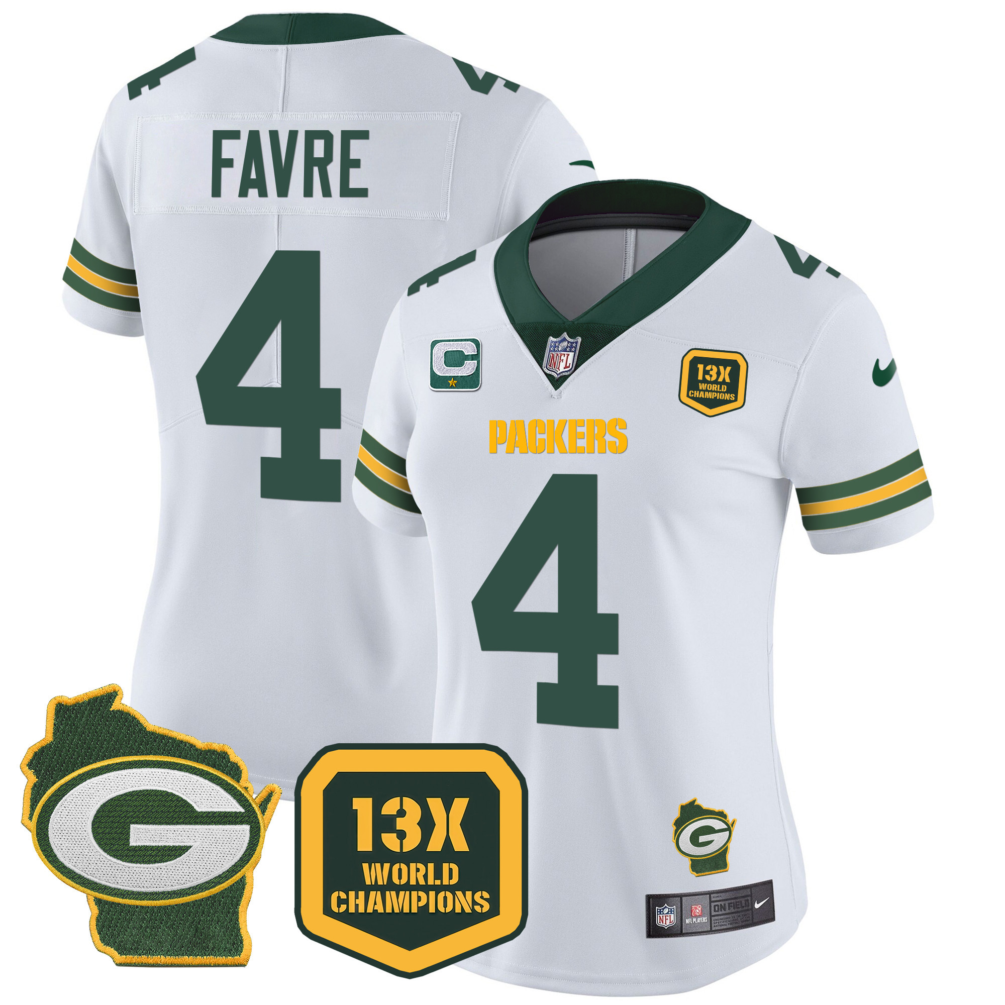 Brett Favre Women's Green Bay Packers 13 Time World Champions & Home Patch Vapor Jersey Ã¯Â¿Â½ All Stitched White Jersey - All Stitched