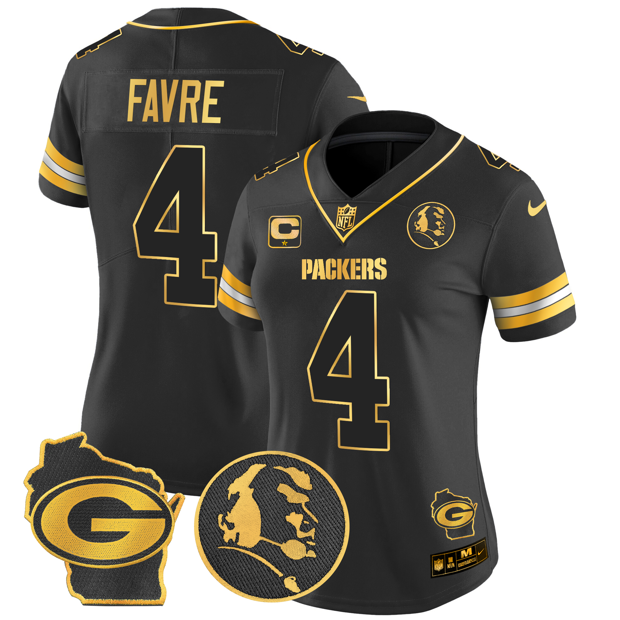 Brett Favre Women's Green Bay Packers John Madden & Home Patch Gold Vapor Limited Black Gold Jersey - All Stitched