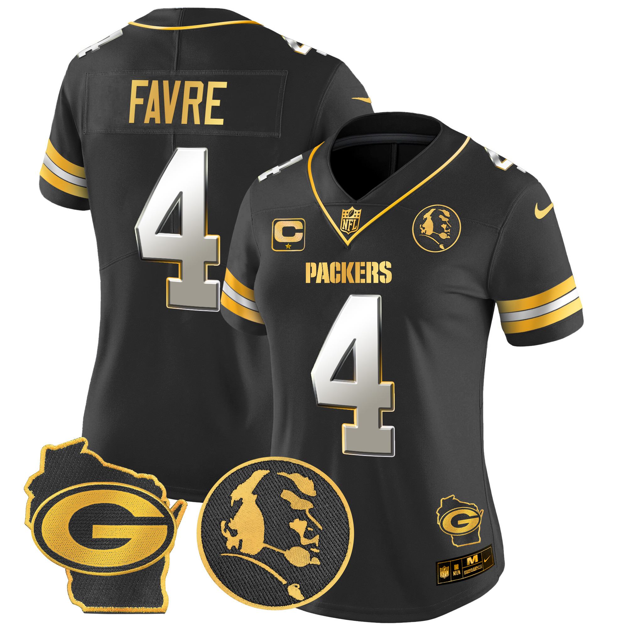 Brett Favre Women's Green Bay Packers John Madden & Home Patch Gold Vapor Limited Black Limited Jersey - All Stitched