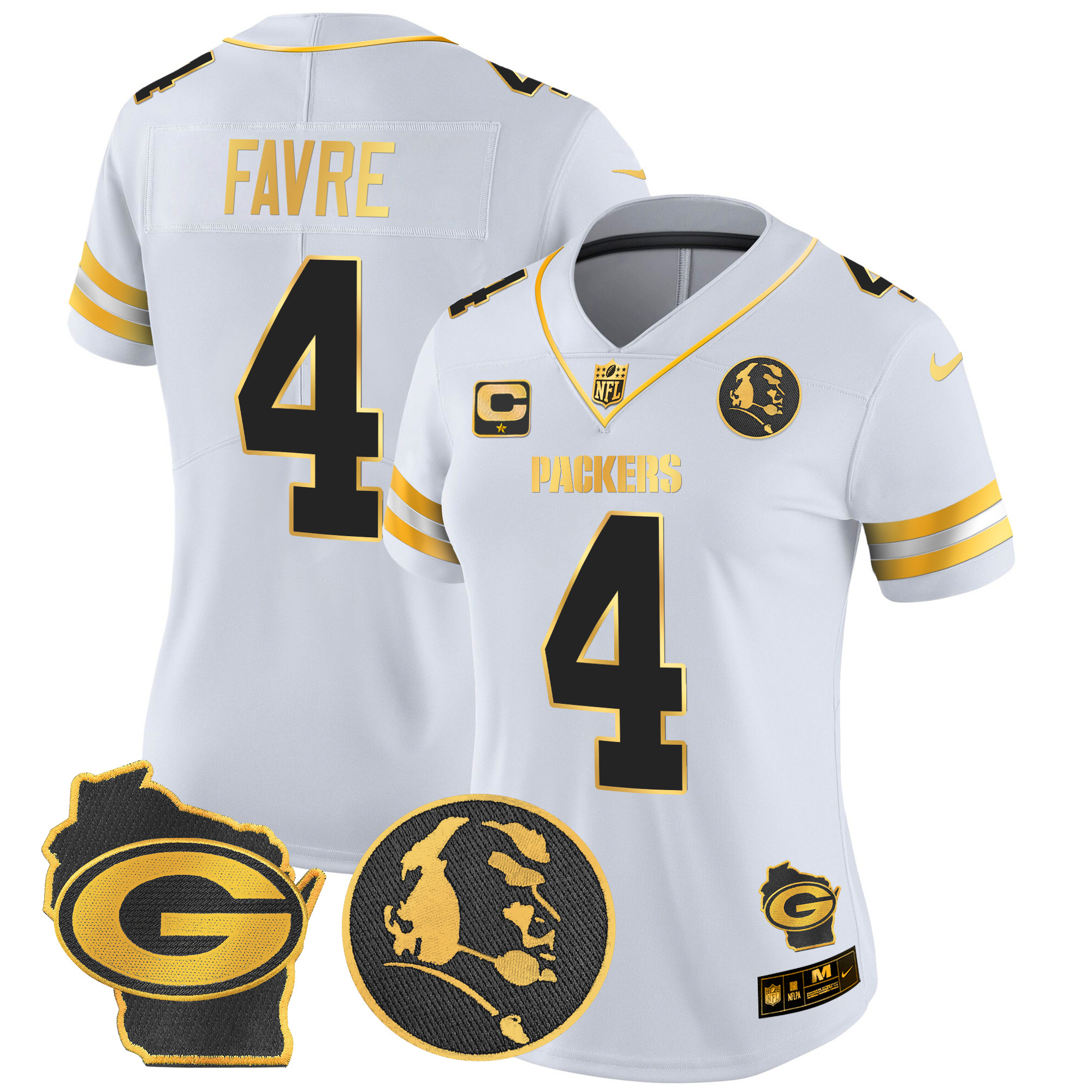 Brett Favre Women's Green Bay Packers John Madden & Home Patch Gold Vapor Limited White Gold Jersey - All Stitched