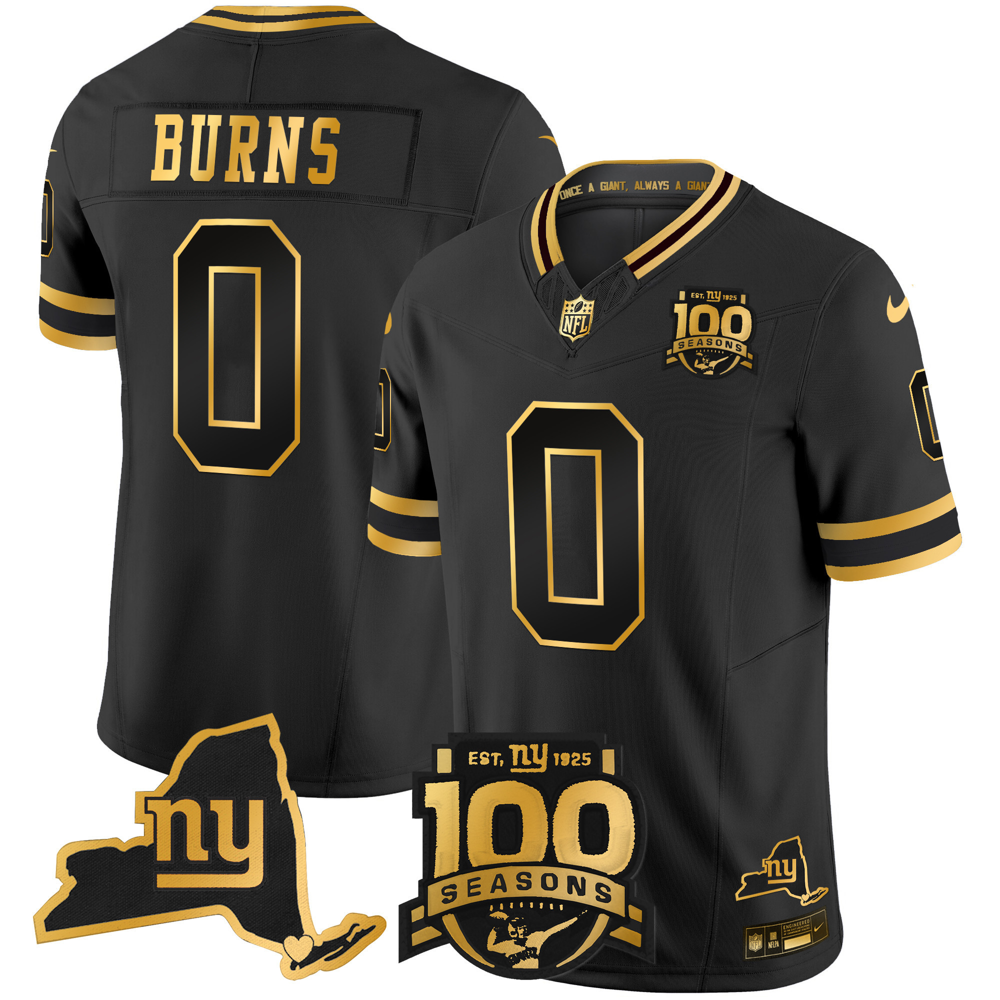 Brian Burns Men's New York Giants 100th Season & State Patch Gold Vapor Limited Black Gold Jersey - All Stitched