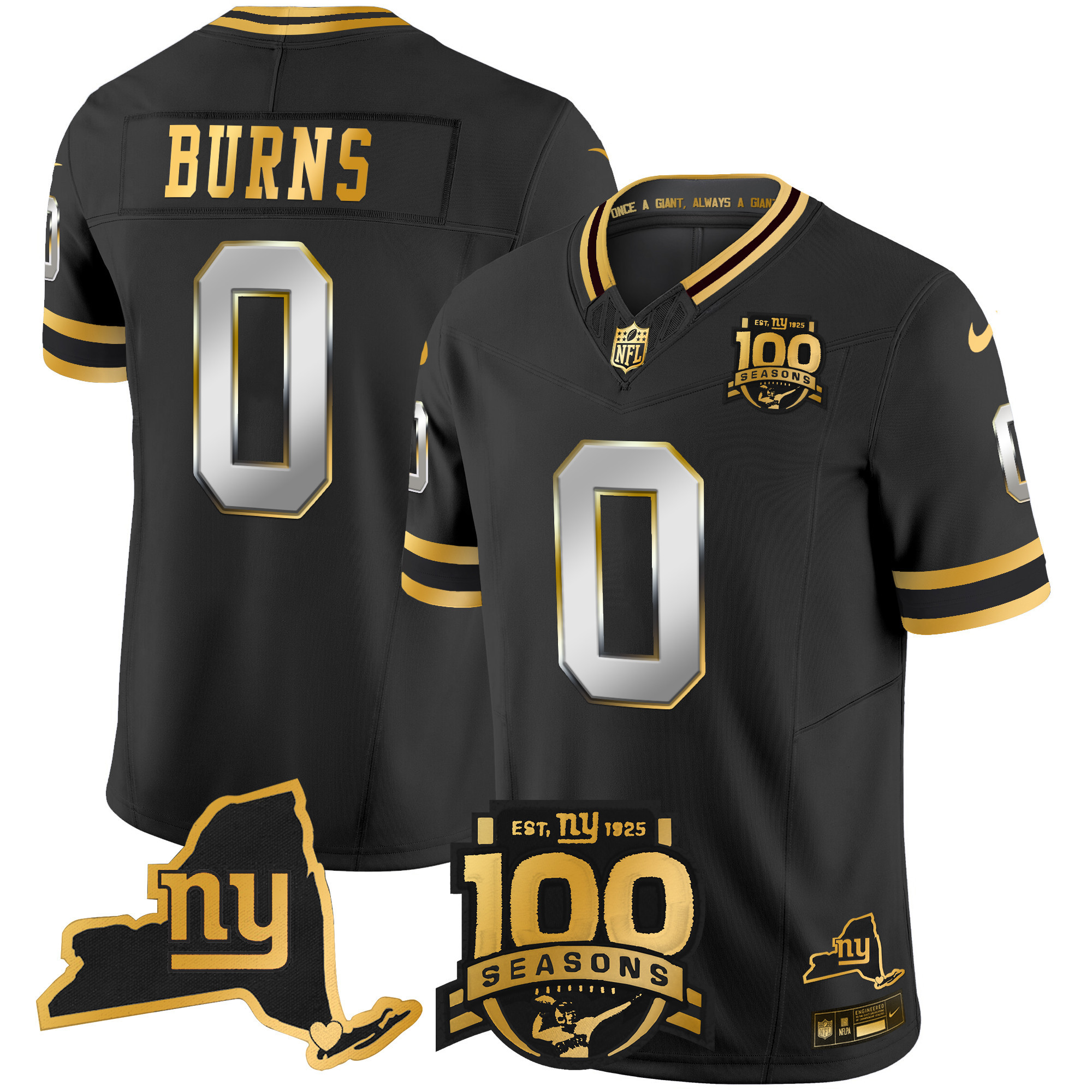 Brian Burns Men's New York Giants 100th Season & State Patch Gold Vapor Limited Black Limited Jersey - All Stitched