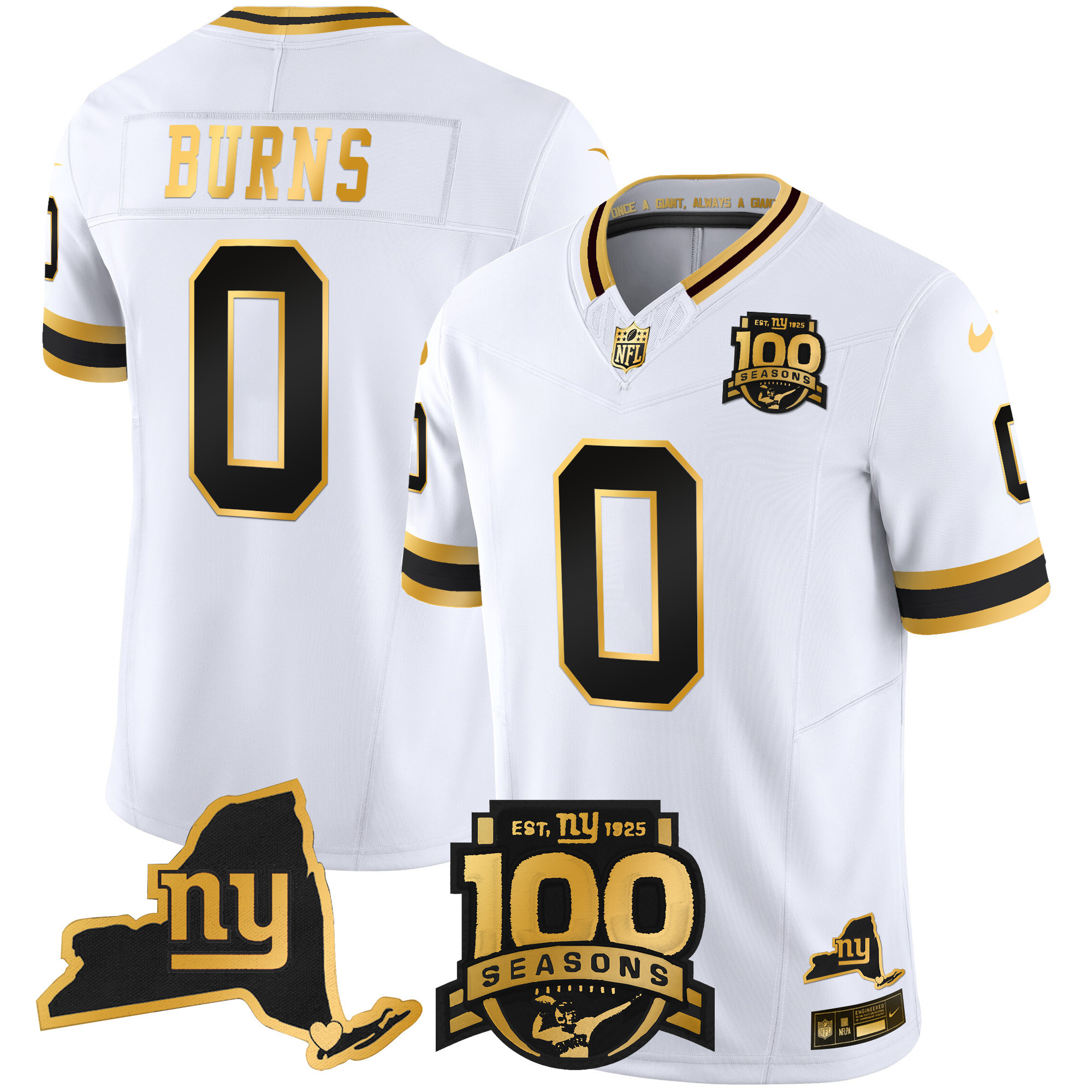 Brian Burns Men's New York Giants 100th Season & State Patch Gold Vapor Limited White Gold Jersey - All Stitched