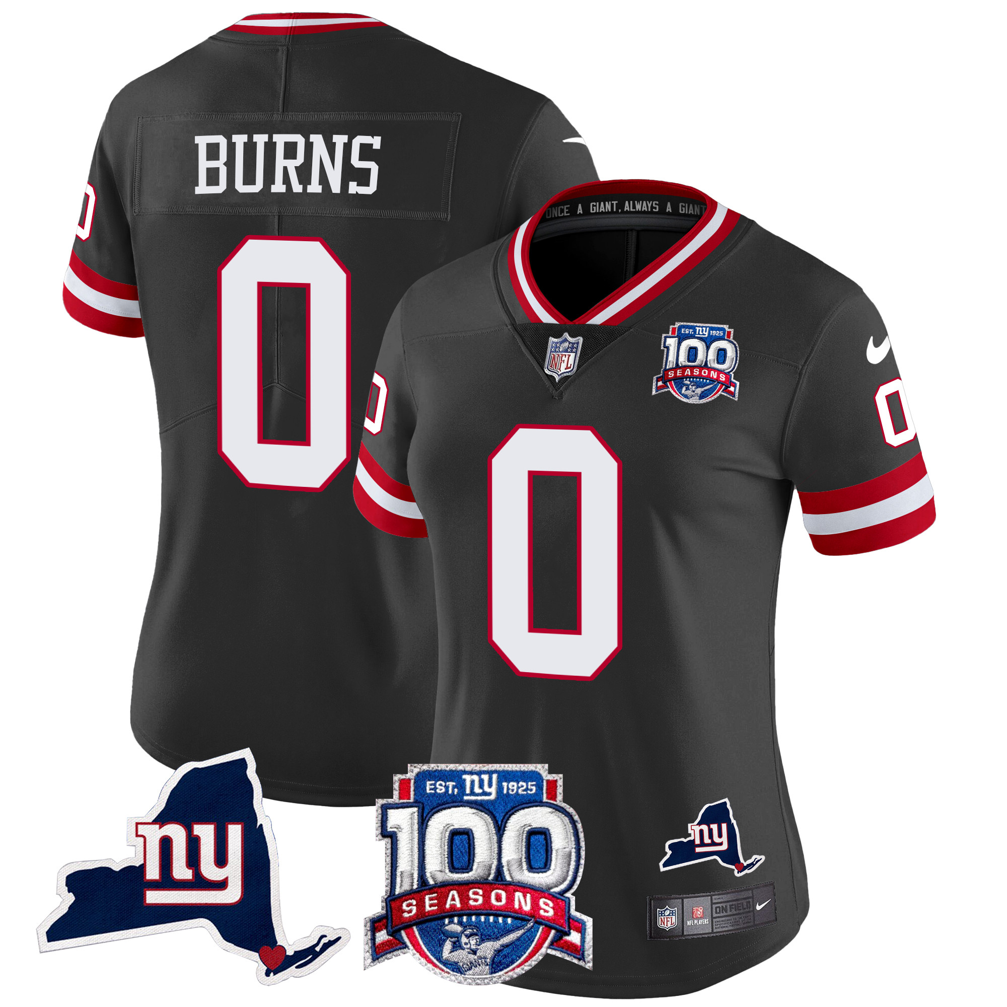 Brian Burns Women's New York Giants 100th Season & State Patch Vapor Limited Black Jersey - All Stitched
