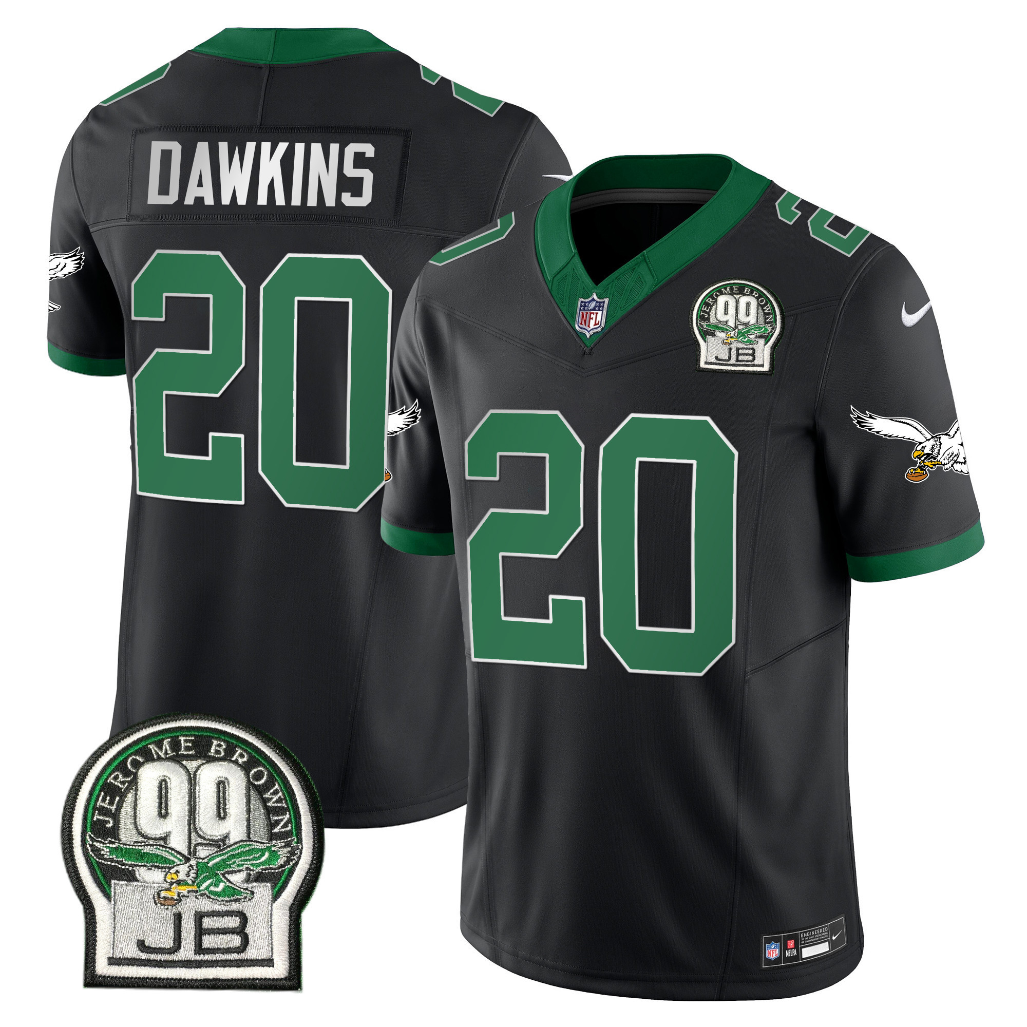 Brian Dawkins Men's Philadelphia Eagles Jerome Brown Patch Kelly Green Alternate Black Jersey - All Stitched