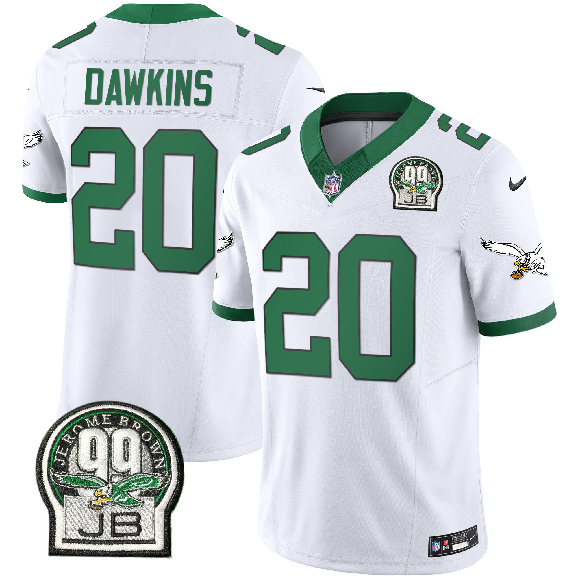 Brian Dawkins Men's Philadelphia Eagles Jerome Brown Patch Kelly Green Alternate Kelly White Jersey - All Stitched