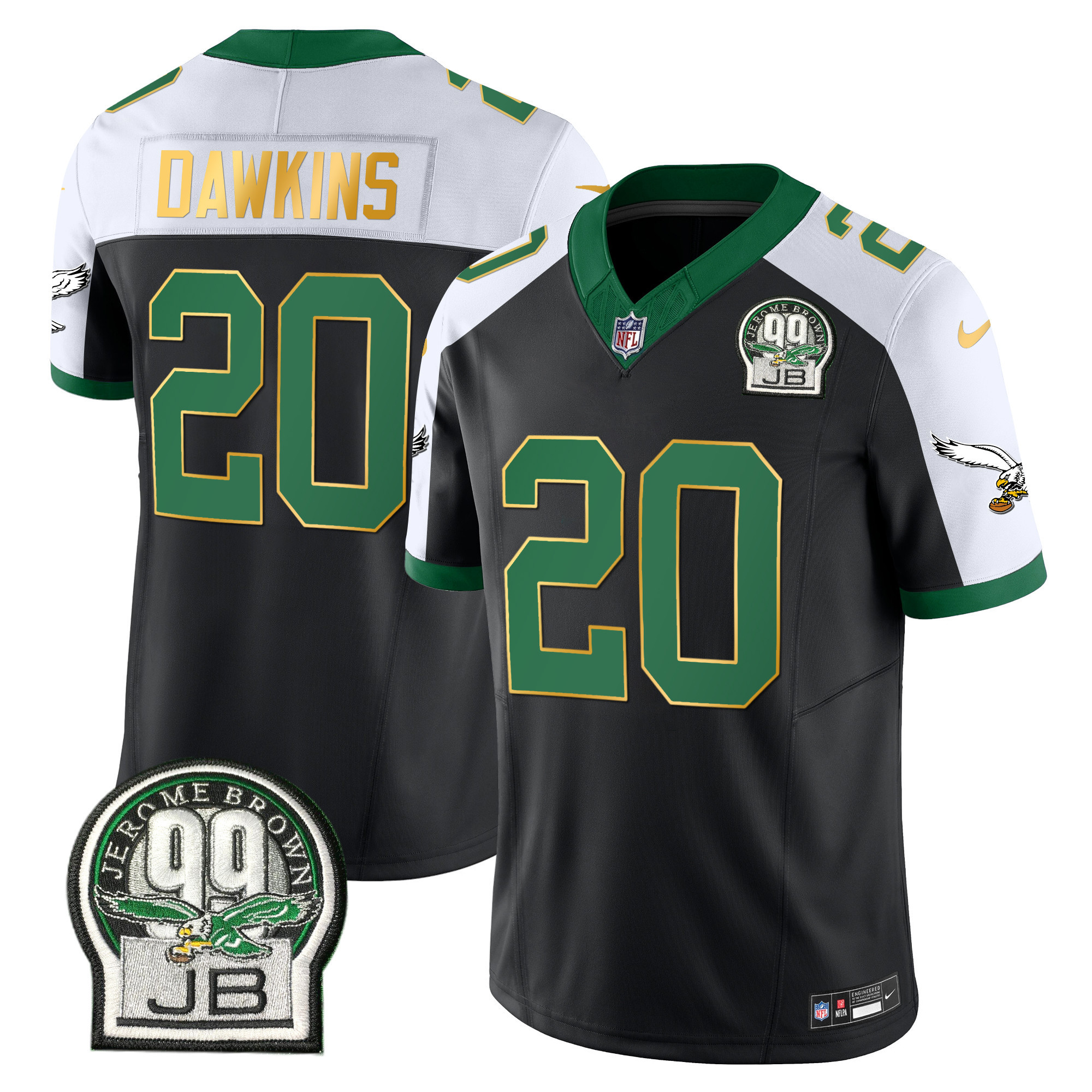 Brian Dawkins Men's Philadelphia Eagles Jerome Brown Patch Kelly Green Gold Trim Black Alternate Jersey - All Stitched