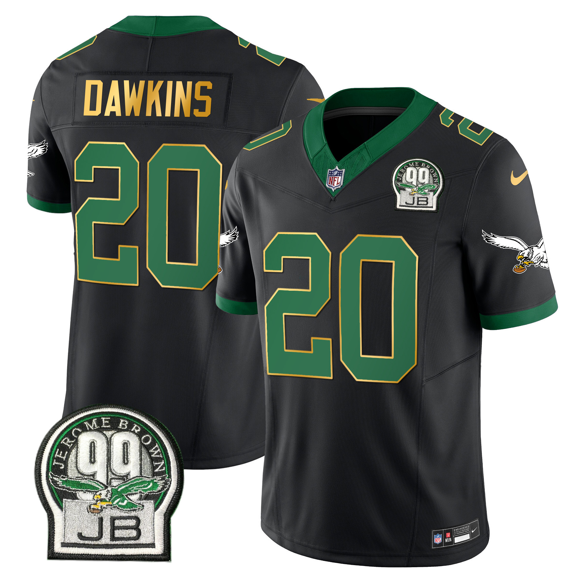 Brian Dawkins Men's Philadelphia Eagles Jerome Brown Patch Kelly Green Gold Trim Black Jersey - All Stitched
