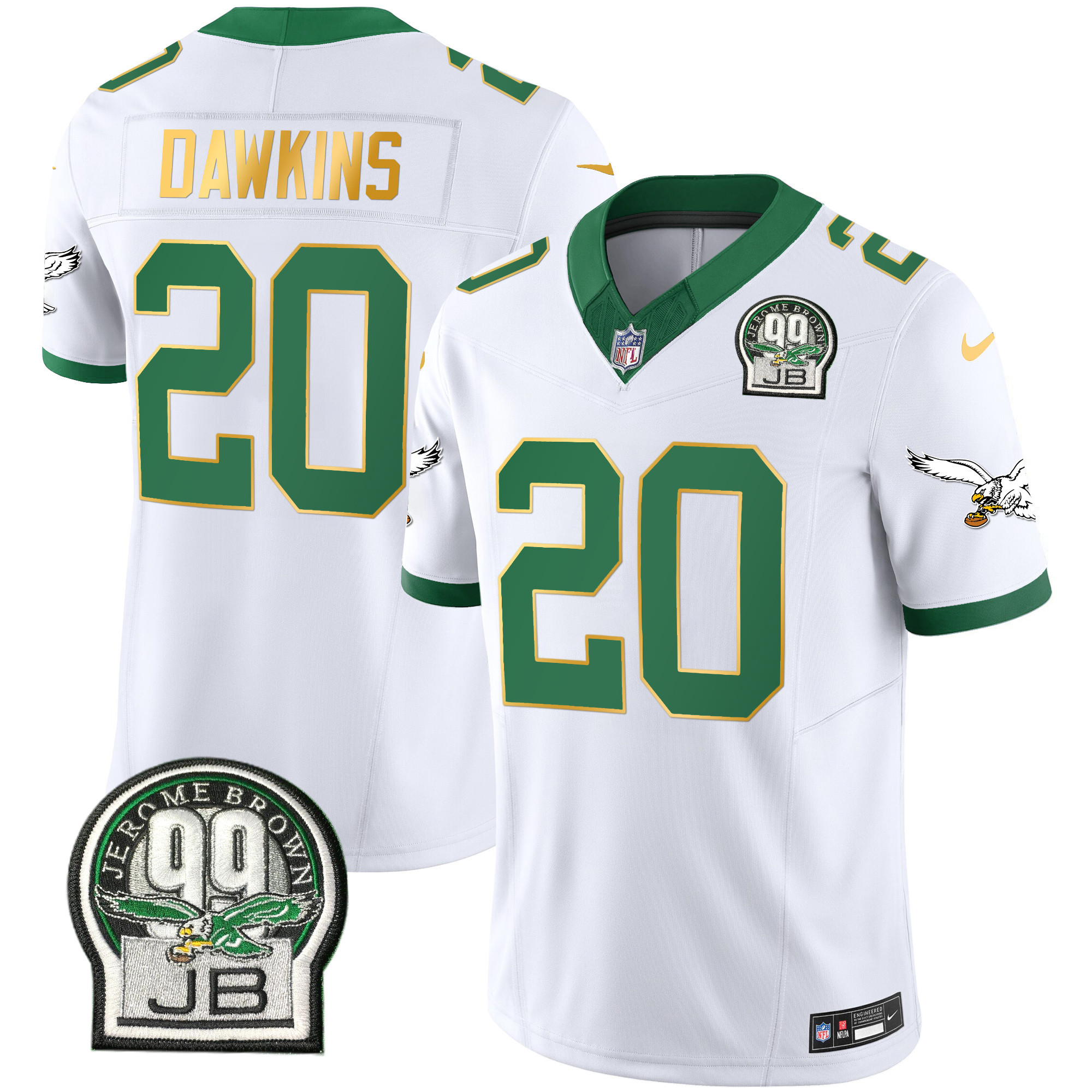 Brian Dawkins Men's Philadelphia Eagles Jerome Brown Patch Kelly Green Gold Trim Kelly White Jersey - All Stitched