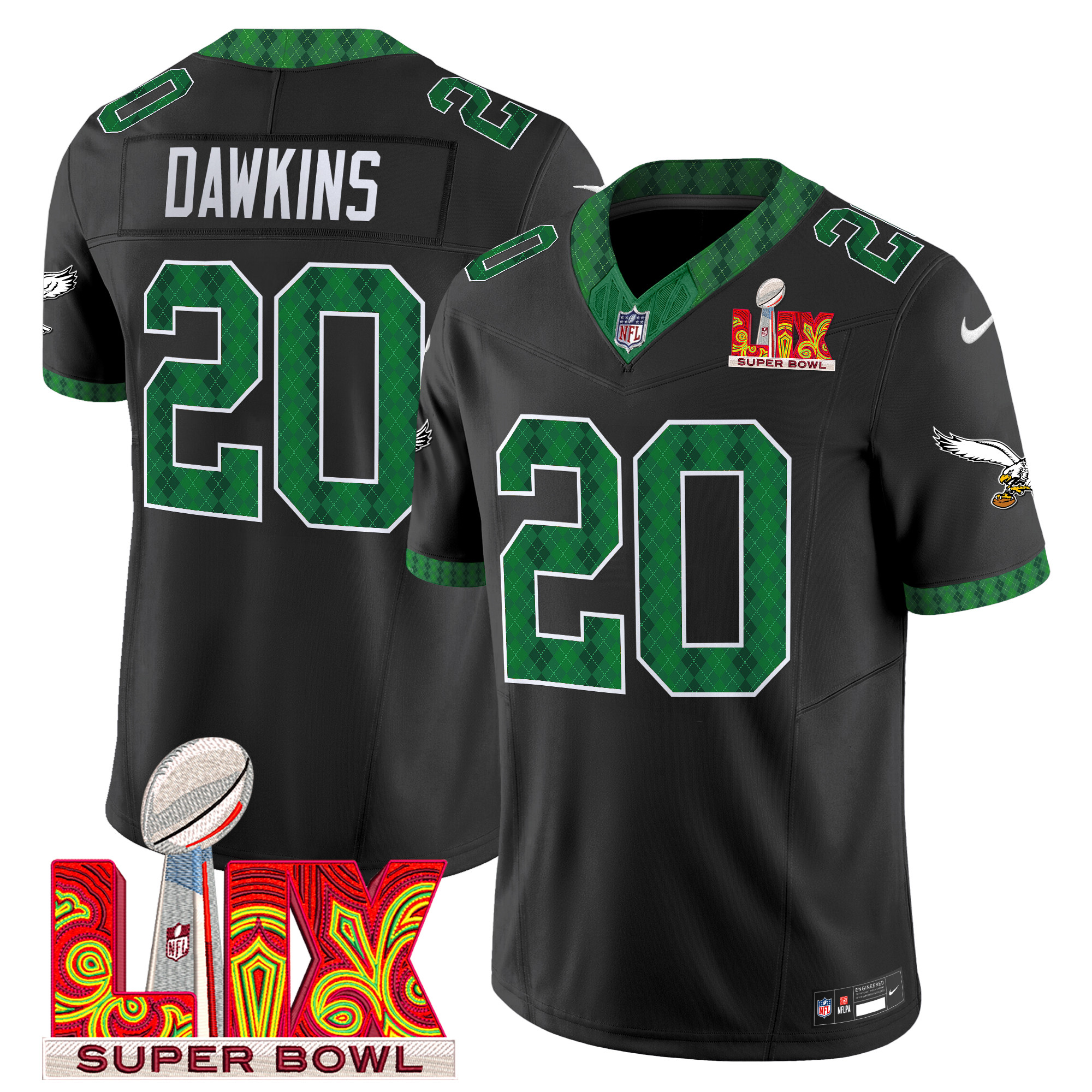Brian Dawkins Men's Philadelphia Eagles Kelly Green St. Patrick's Day Super Bowl LIX Patch Vapor Limited Black Jersey - All Stitched