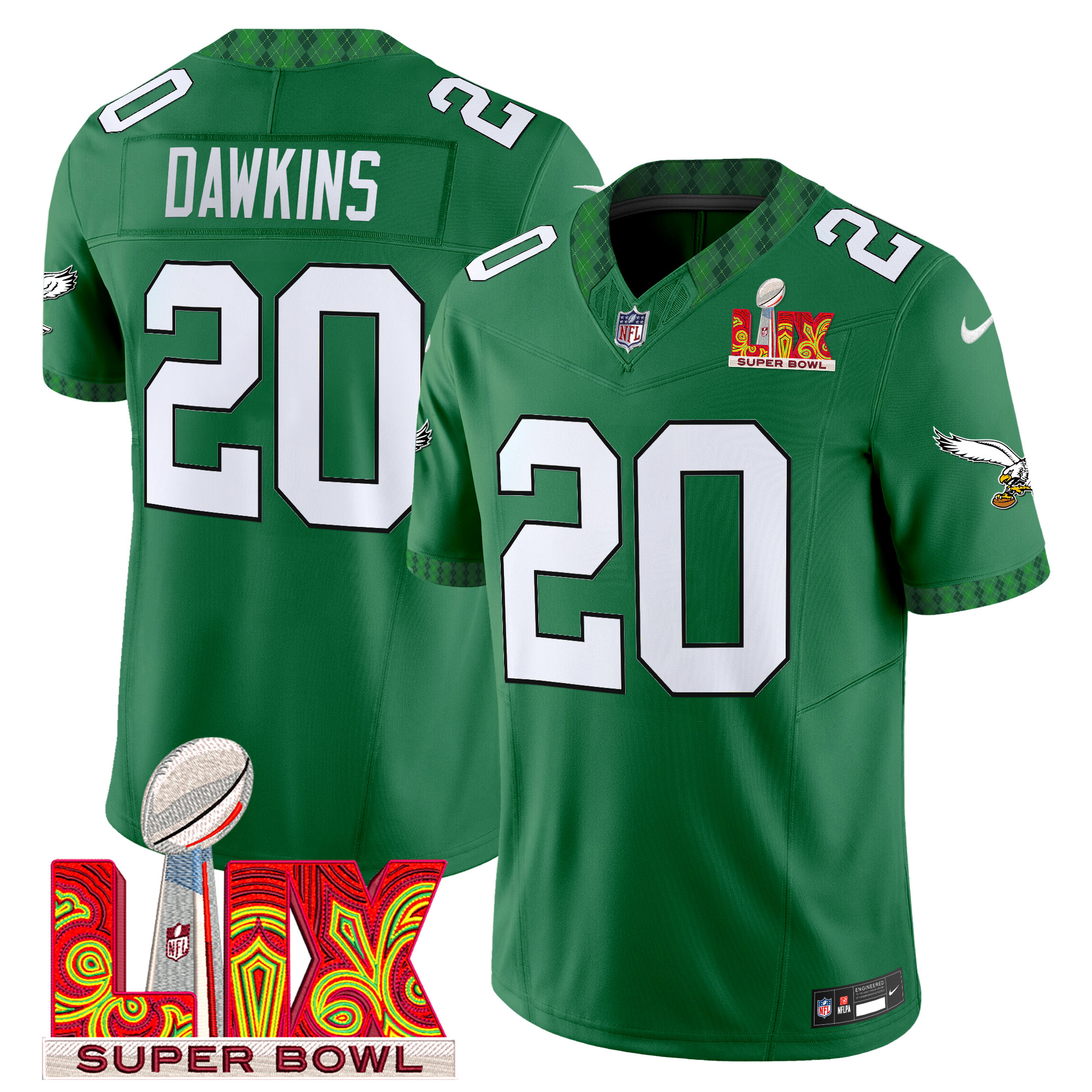 Brian Dawkins Men's Philadelphia Eagles Kelly Green St. Patrick's Day Super Bowl LIX Patch Vapor Limited Kelly Green Jersey - All Stitched