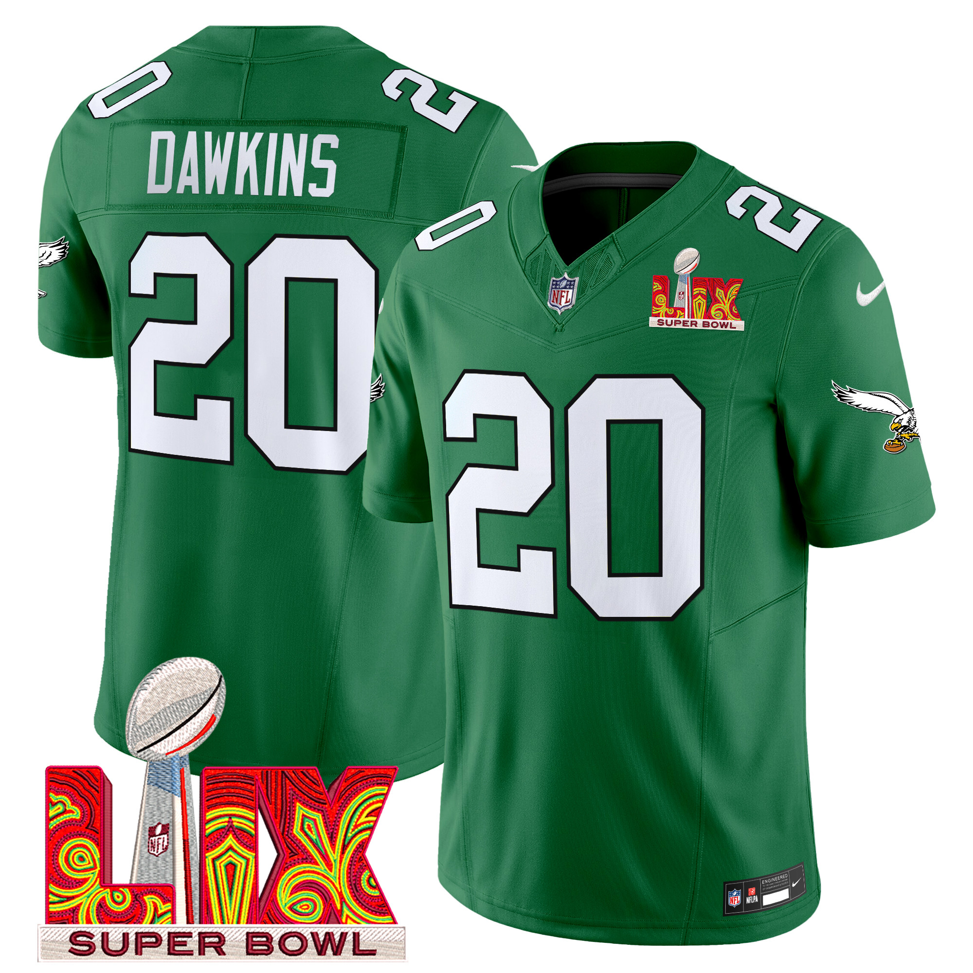 Brian Dawkins Men's Philadelphia Eagles Super Bowl LIX Patch Vapor Limited Kelly Green Jersey - All Stitched