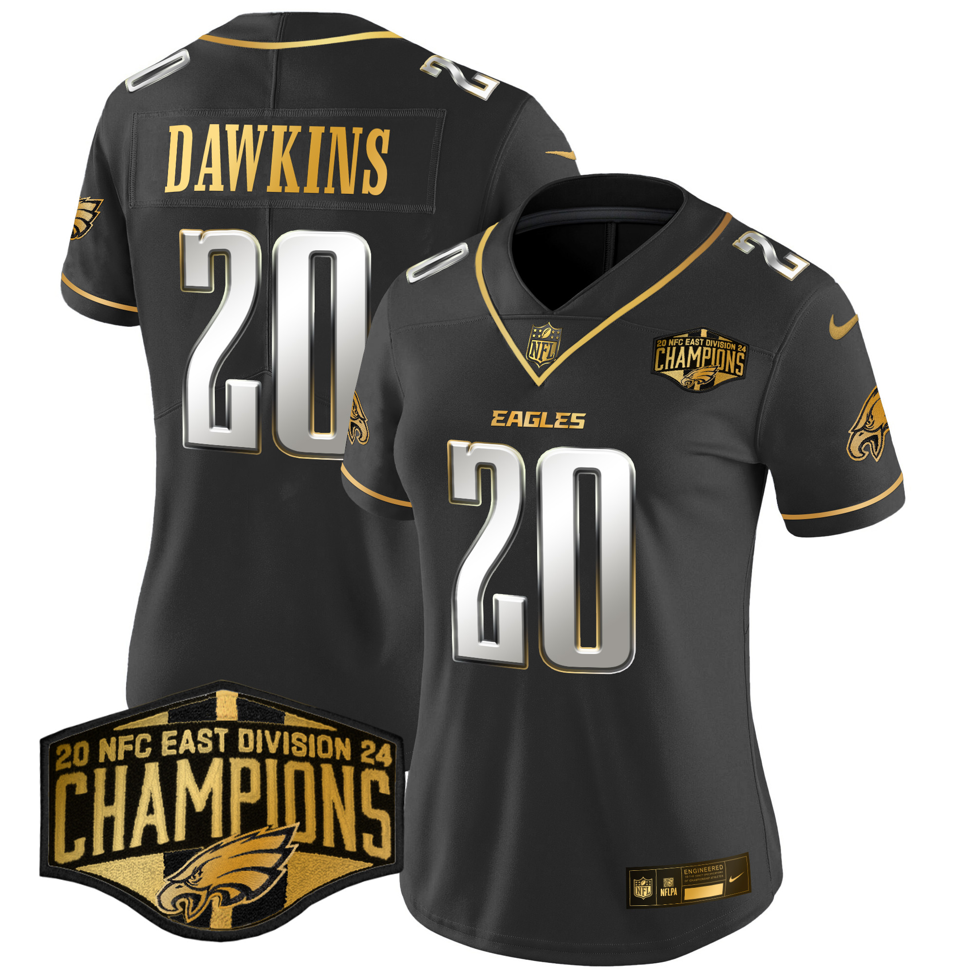 Brian Dawkins Women's Philadelphia Eagles 2024 NFC East Division Champions Gold Vapor Limited Black Limited Jersey - All Stitched